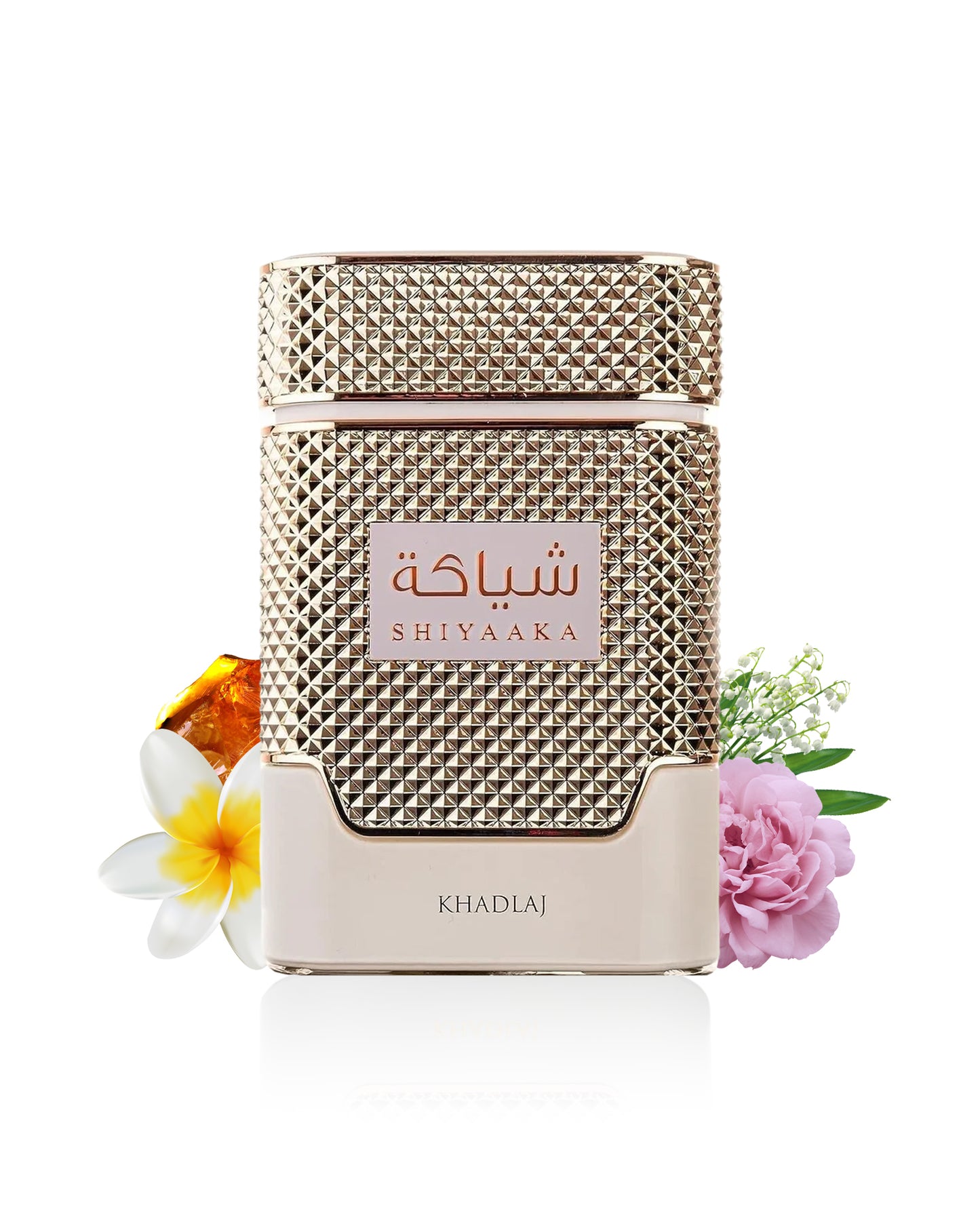 SHIYAAKA for women edp perfume bottle surrounded by vanilla amber against white background