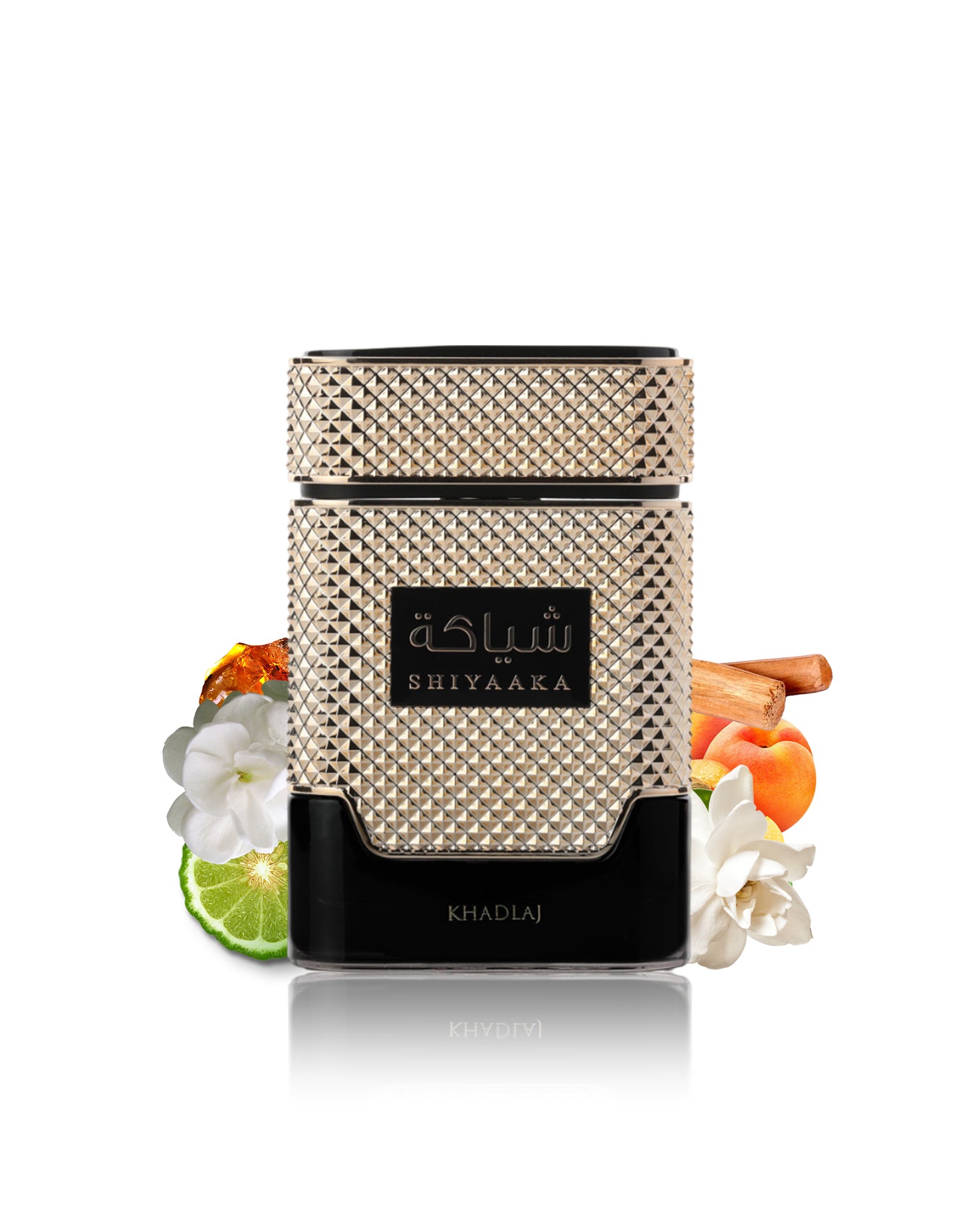 SHIYAAKA gold edp perfume bottle surrounded by sandalwood musk against white background