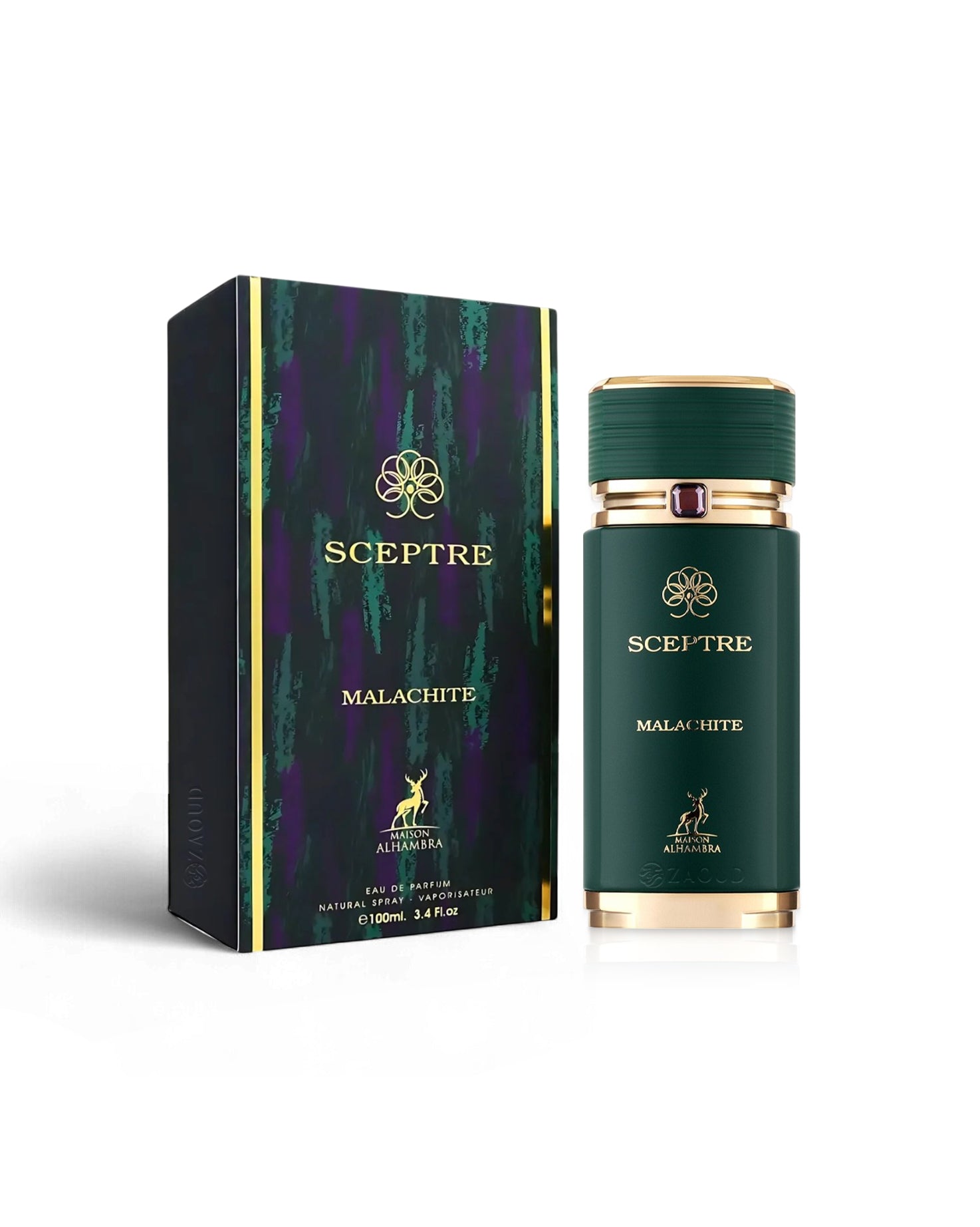 SCEPTRE MALACHITE perfume bottle shws beside its box against white background