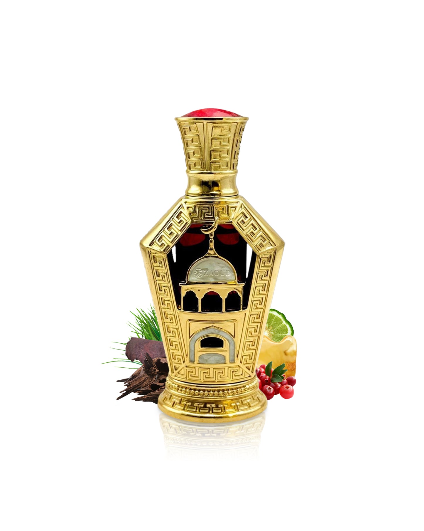 signature oud perfume oil Decorative bottle with intricate design on a white background