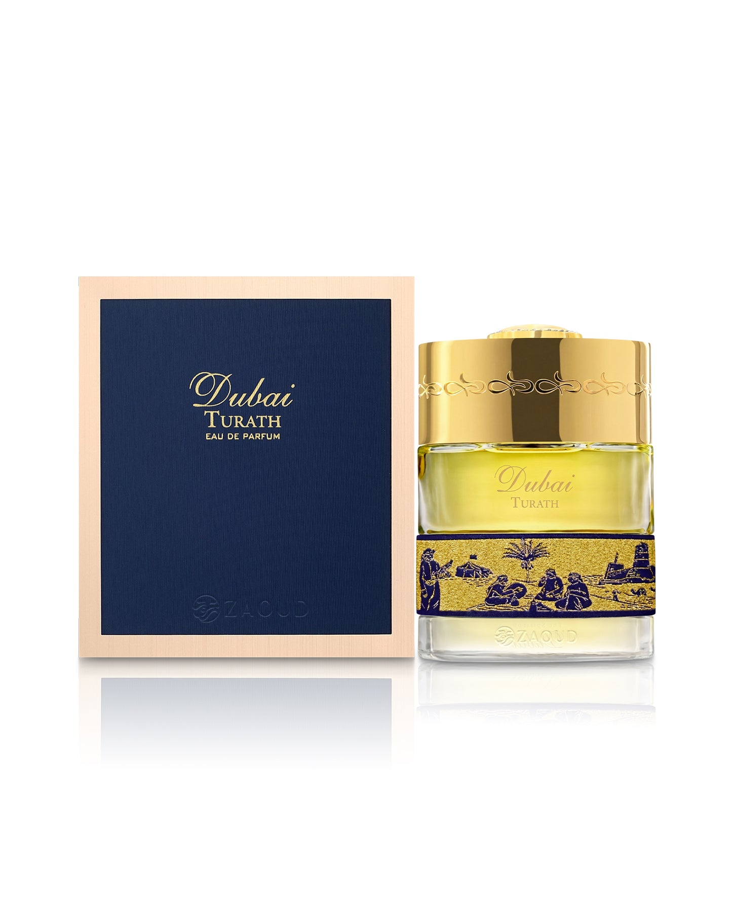 spirit of dubai turath perfume bottle shows beside its packaging against white background