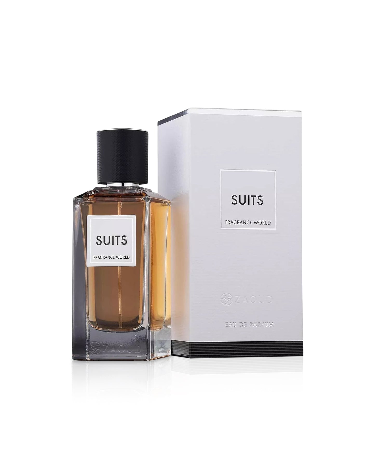 FRAGRANCE WORLD SUITS Perfume bottle and packaging of 'Suits' by Fragrance World on a white background