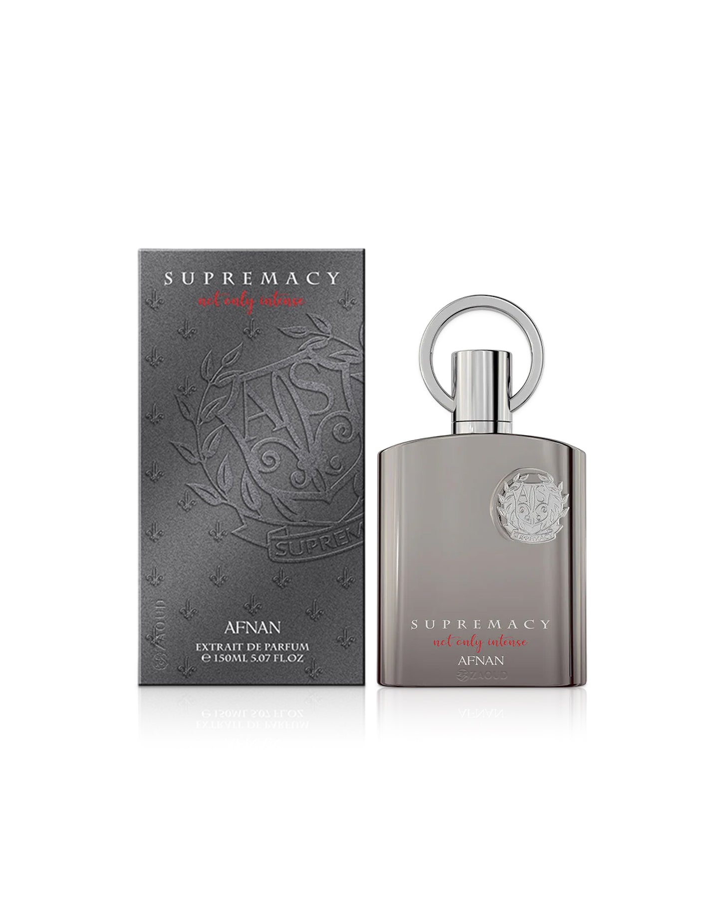 afnan supremacy not only intense perfume bottle shows beside its box against white background