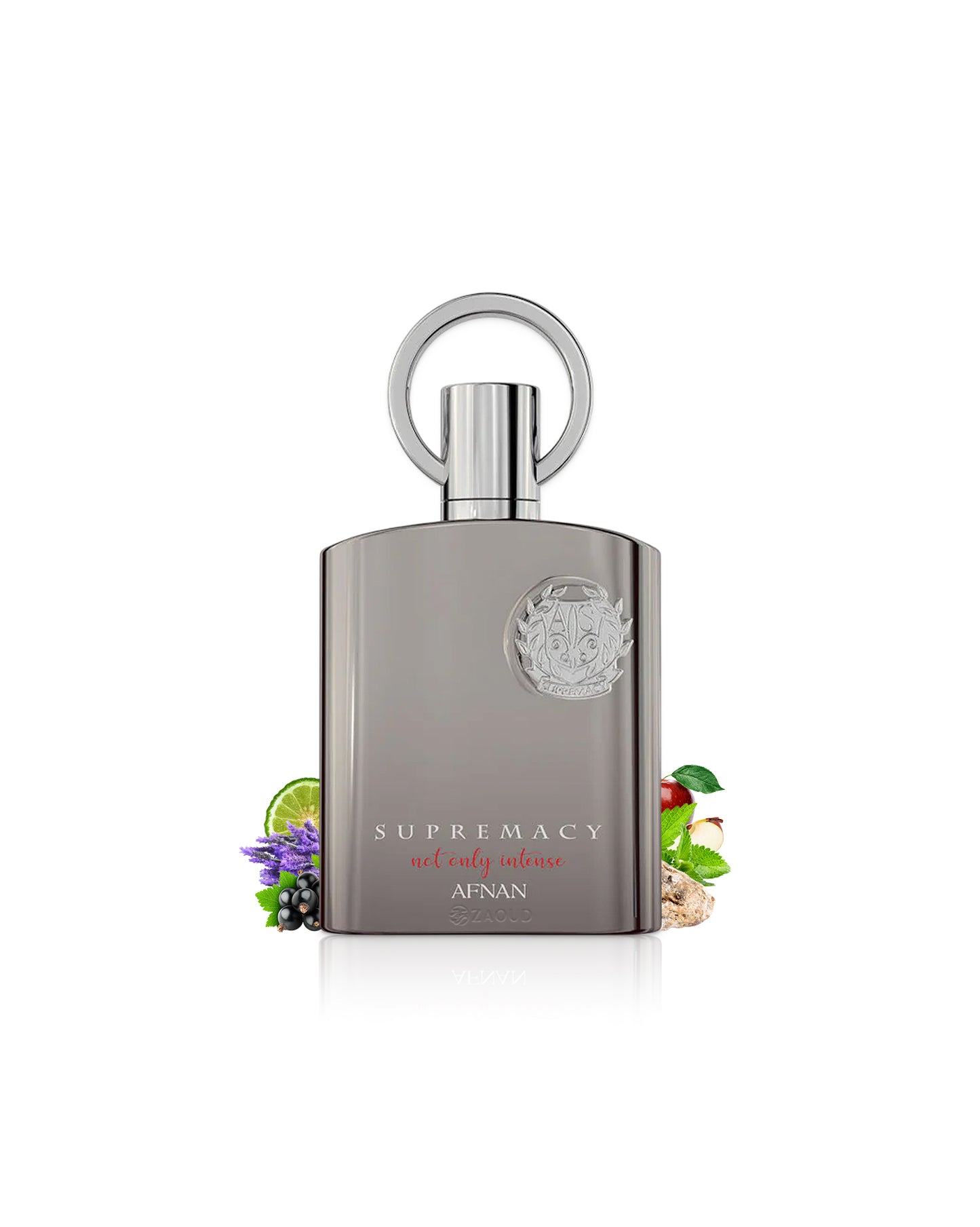 afnan supremacy not only intense perfume bottle surrounded with fragrance notes like lavender and apple shows against white background
