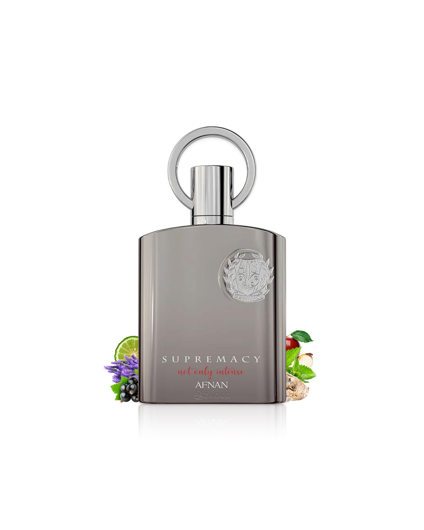 afnan supremacy not only intense perfume bottle surrounded with fragrance notes like lavender and apple shows against white background