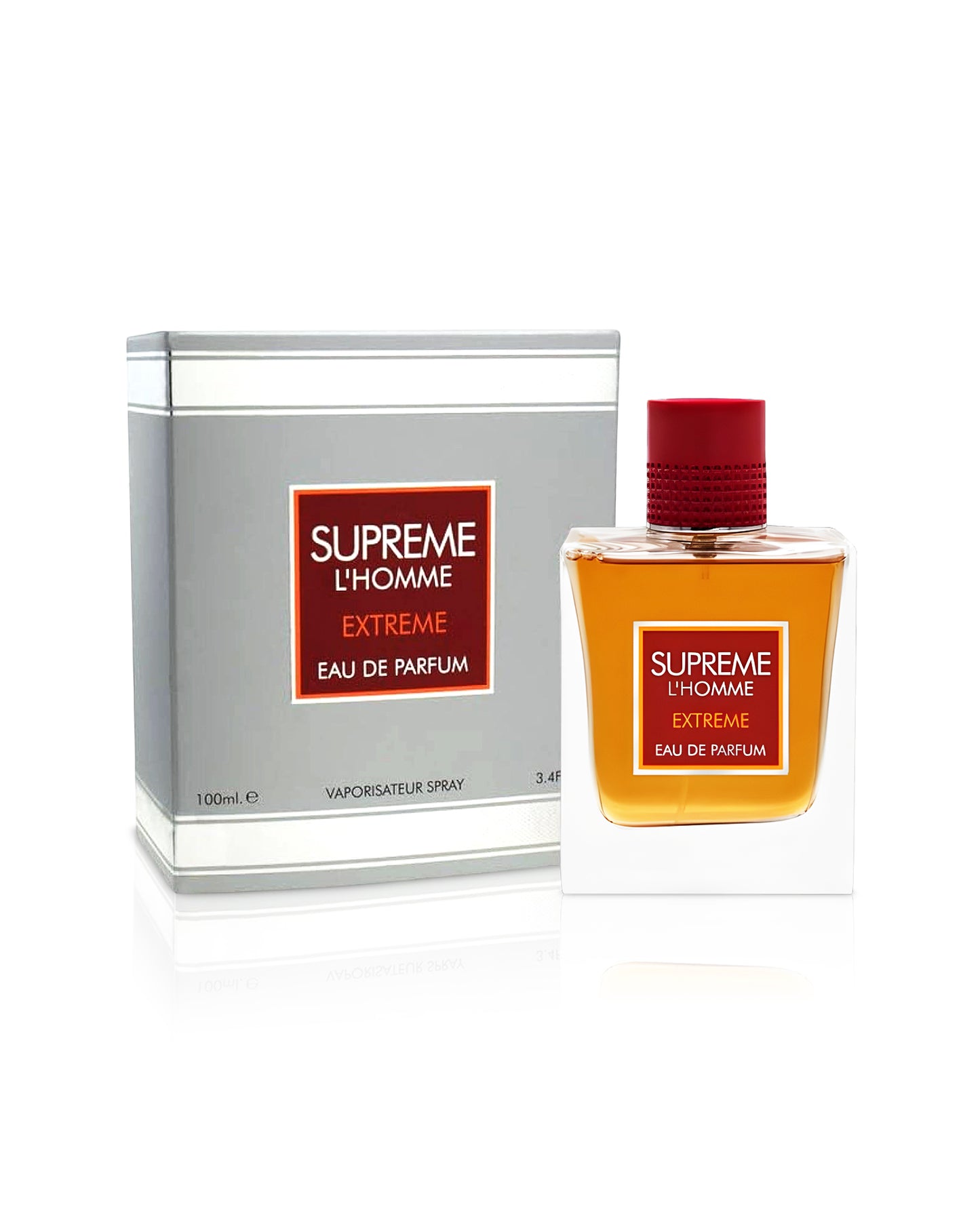 supreme l'homme perfume bottle shows beside its box against white background