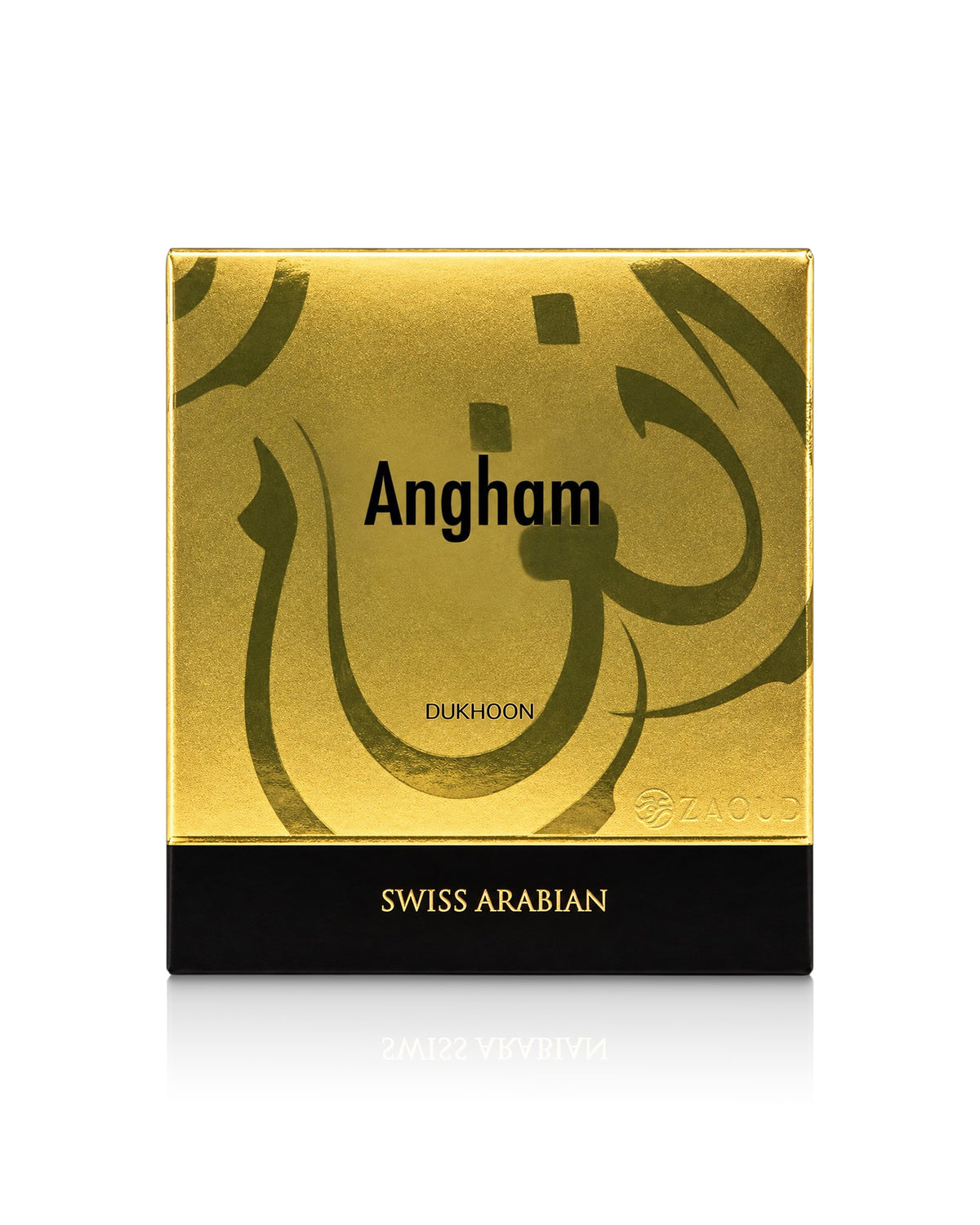 A square product box for Angham Swiss Arabian, featuring a metallic gold top with Arabic calligraphy and a black bottom band with gold lettering, shown on a white background.