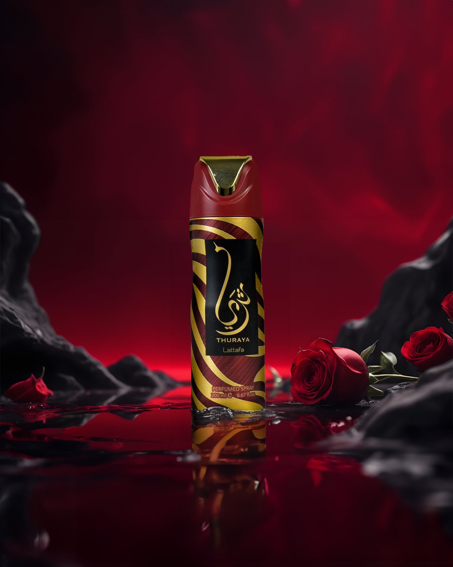 Lattafa thuraya Deodorant spray bottle with gold and black design on a red background with roses
