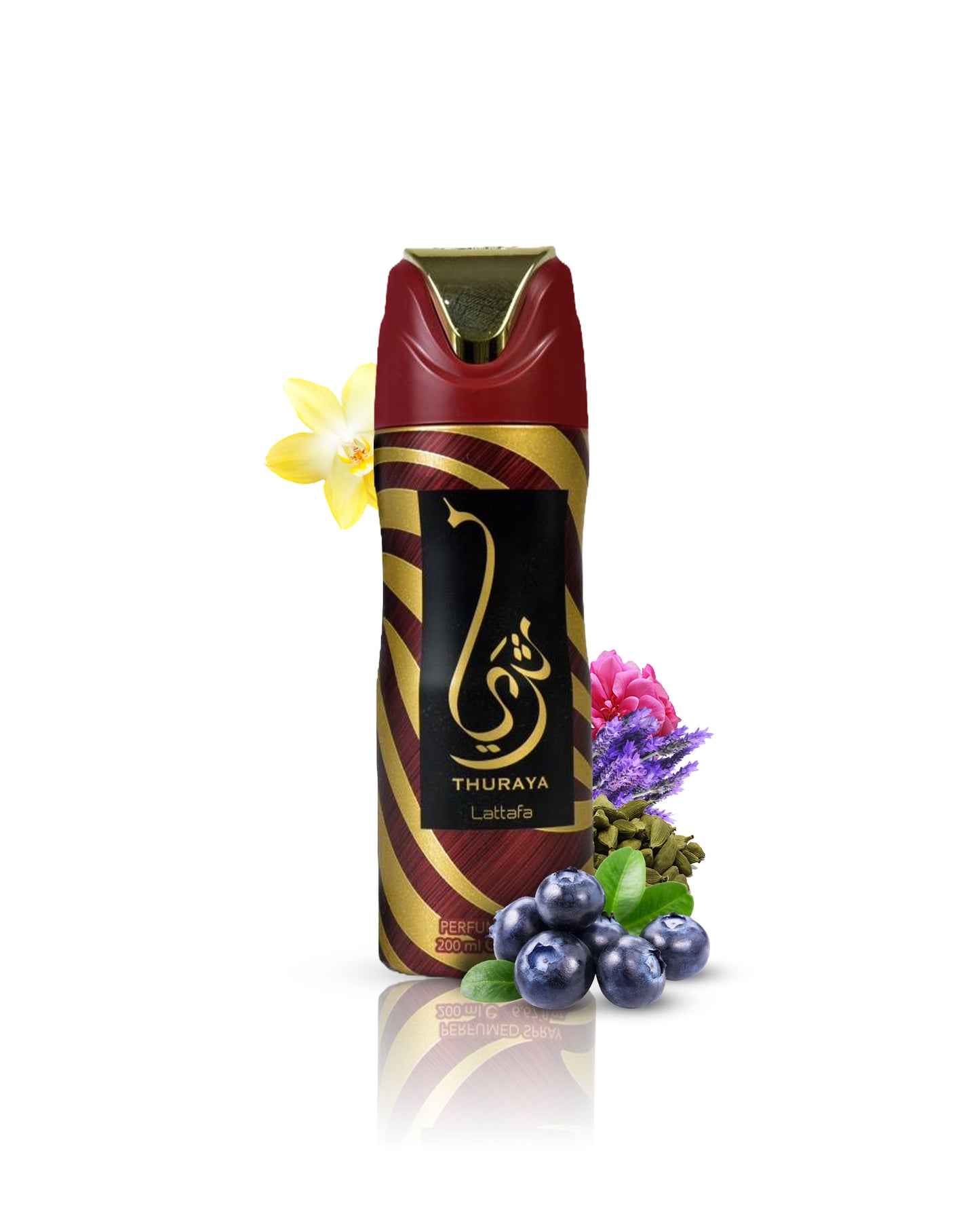 Lattafa thuraya Deodorant spray bottle with decorative elements on a white background