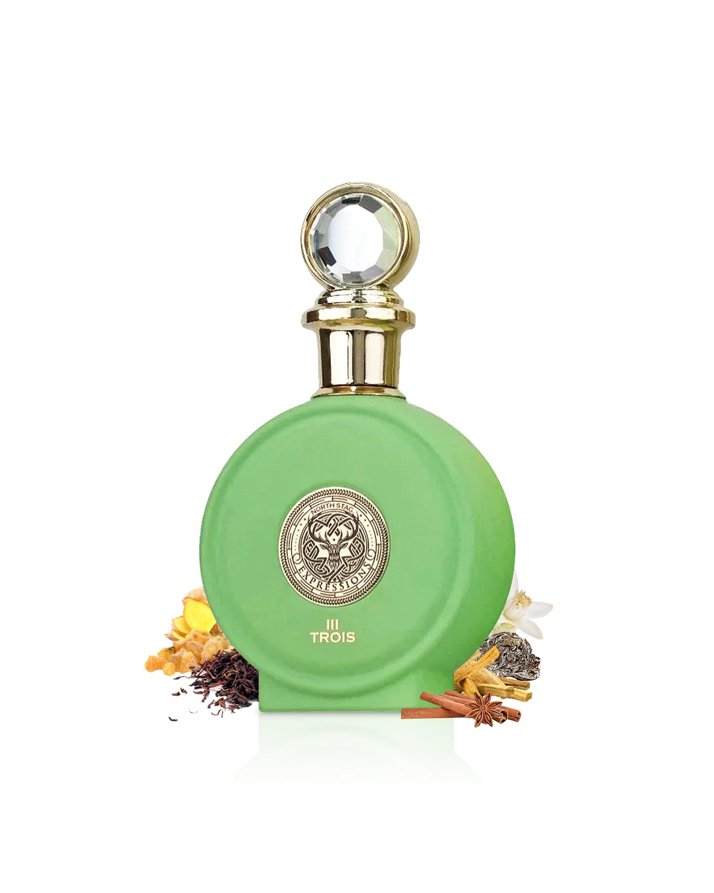 paris corner trios III EXPRESSIONS perfume bottle surrounded with fragrance notes like ginger and spices shows from behind the bottle against white background