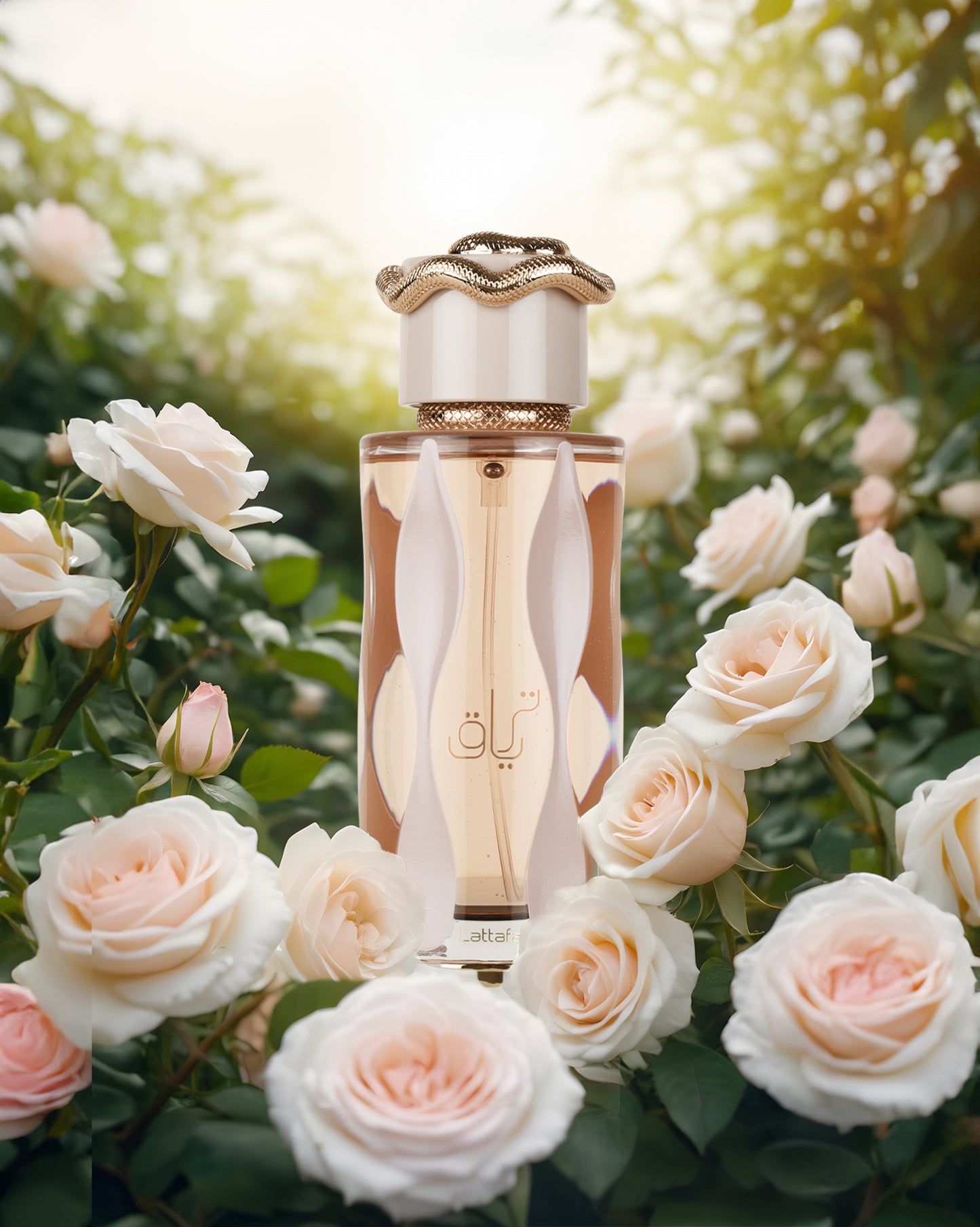 Lattafa teriaq Perfume bottle with pink rose garden with blurry background