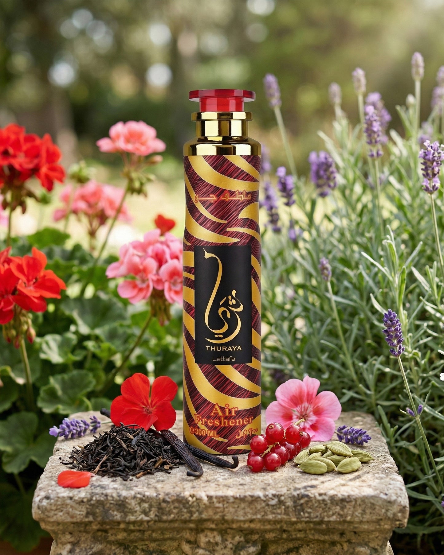 Lattafa thuraya air freshener bottle over rock inside garden