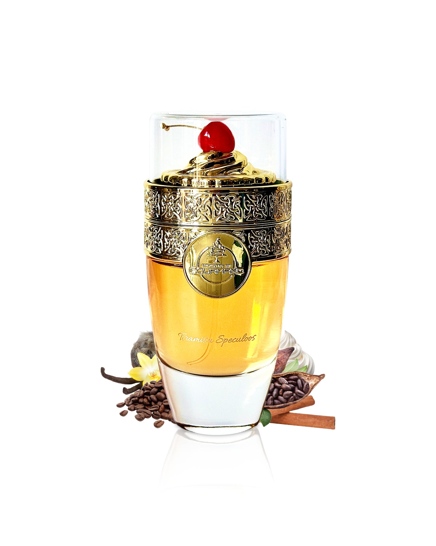paris corner Tiramisu Speculoos perfume bottle surrounded with fragrance notes like coffee and vanilla shows from behind the bottle against white background