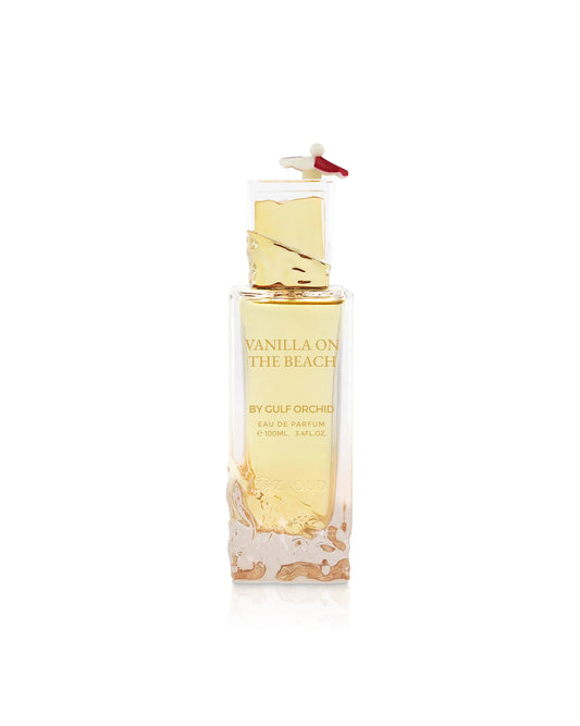 VANILLA on the beach perfume bottle shows against white background