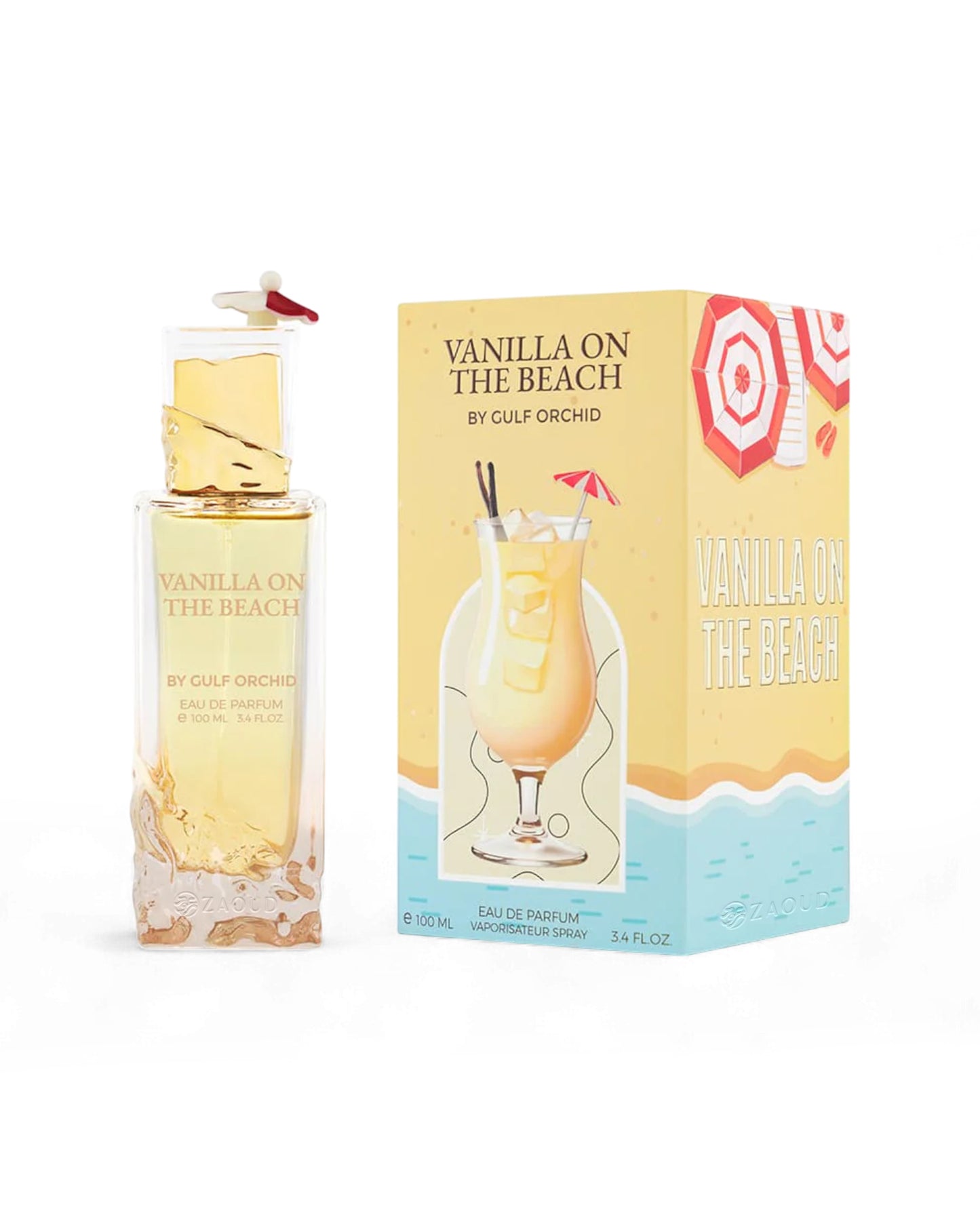 VANILLA on the beach perfume bottle shows beside its box against white background