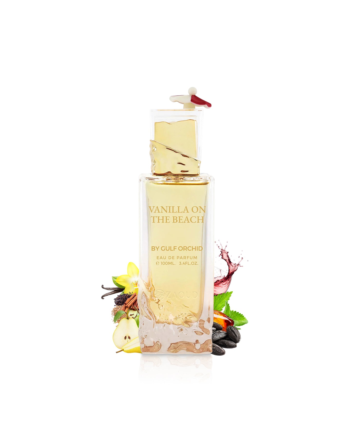 VANILLA on the beach perfume bottle surrounded by fragrance notes like pear and tonka shows against white background
