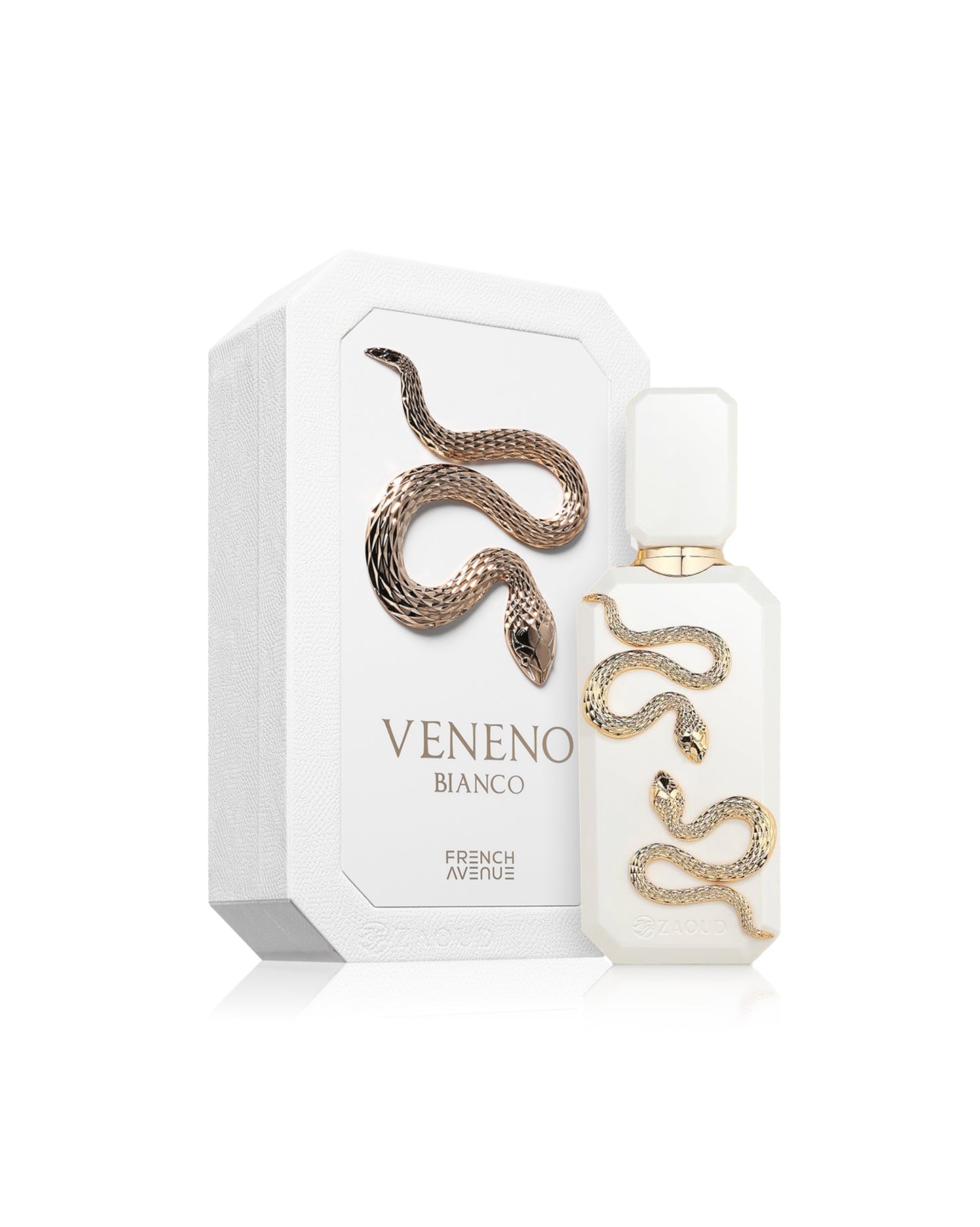 veneno bianco perfume bottle shows beside its box against white background