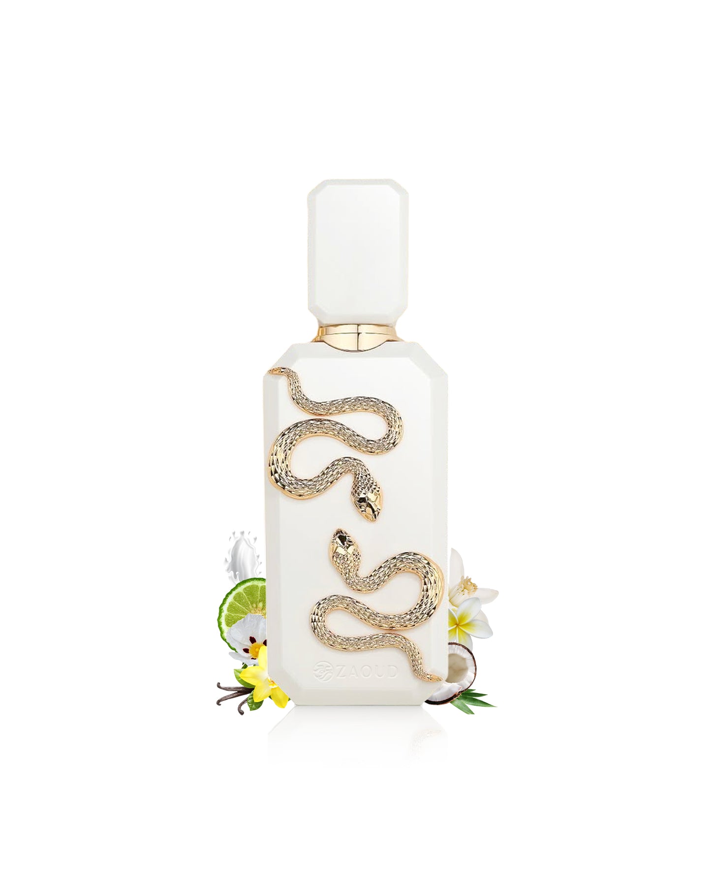 veneno bianco perfume bottle surrounded with fragrance notes like coconut and tiara flowers shows against white background