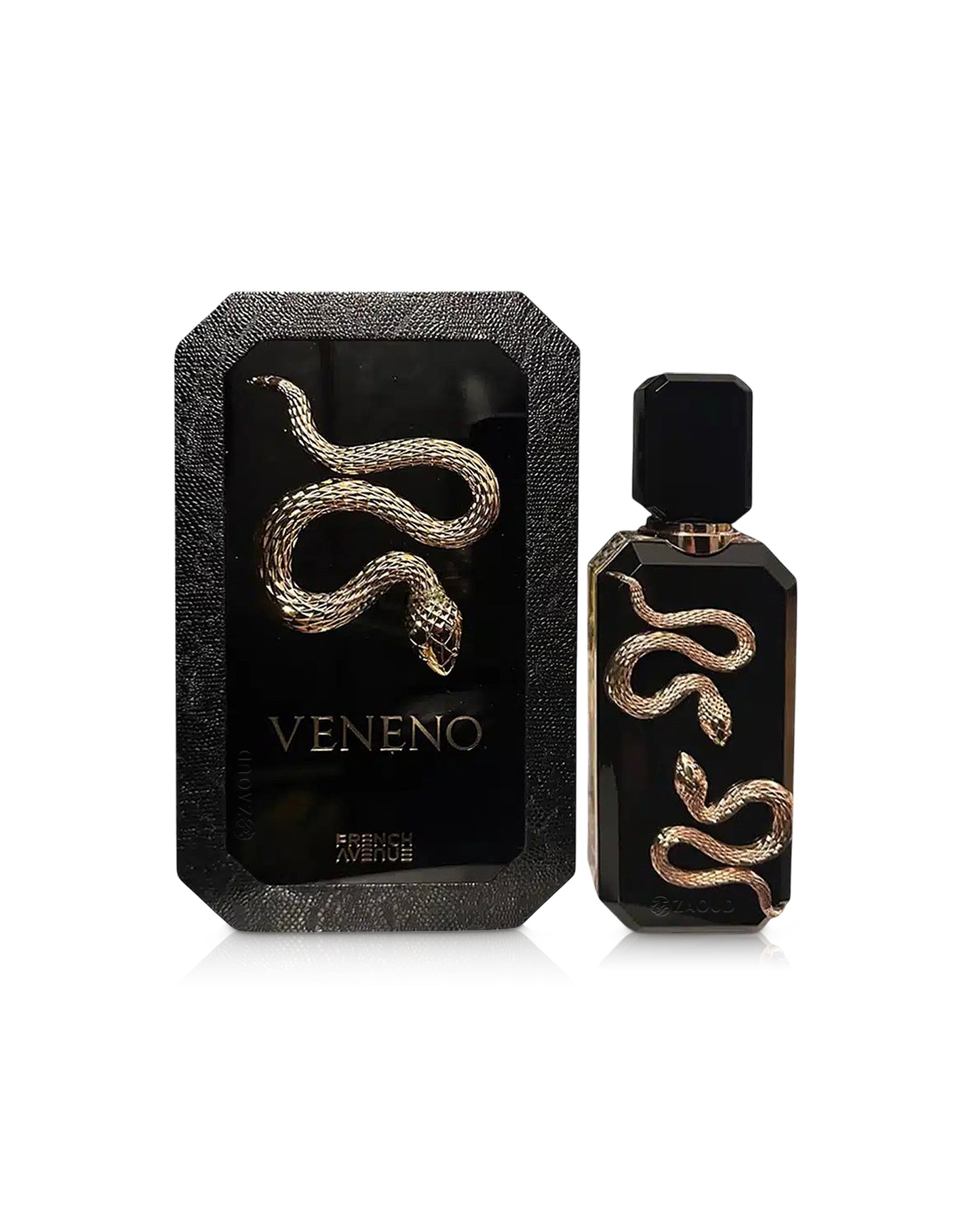 french avenue veneno black perfume bottle shows beside its box against white background