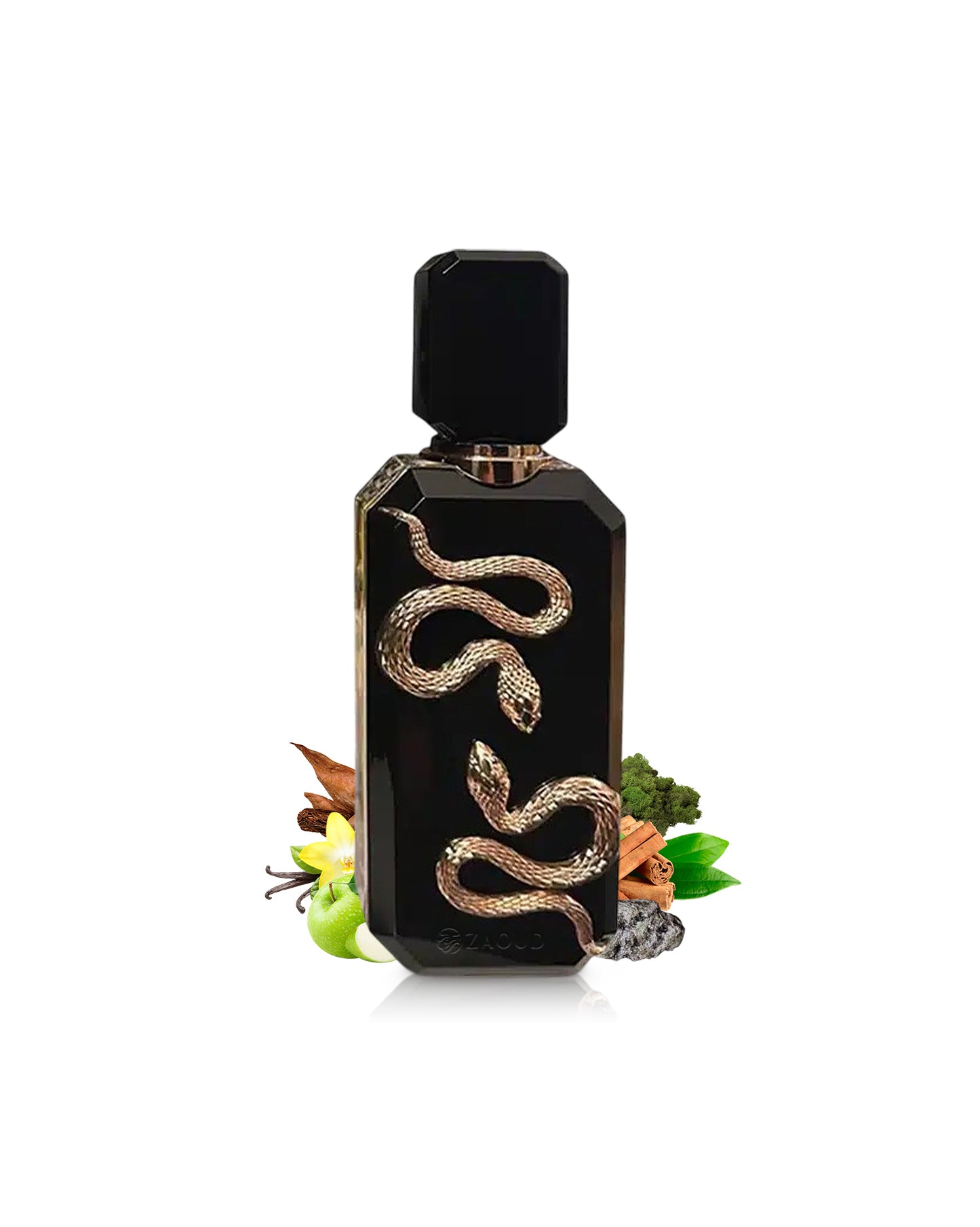 french avenue veneno black perfume bottle surrounded with fragrance notes like apple and vanilla shows against white background