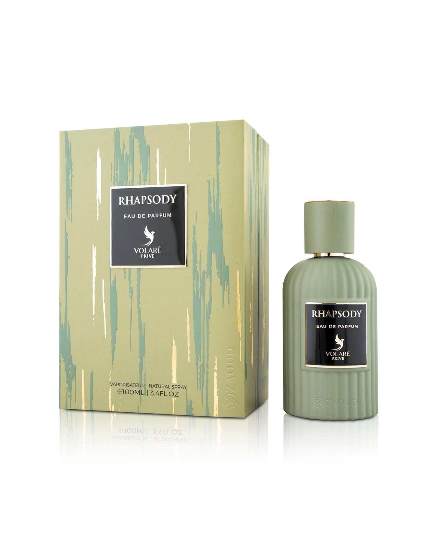 volare rhapsody perfume green bottle shows beside its box against white background