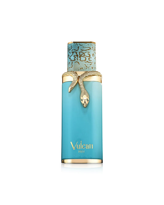 french avenue vulcan feu perfume bottle shows against white background