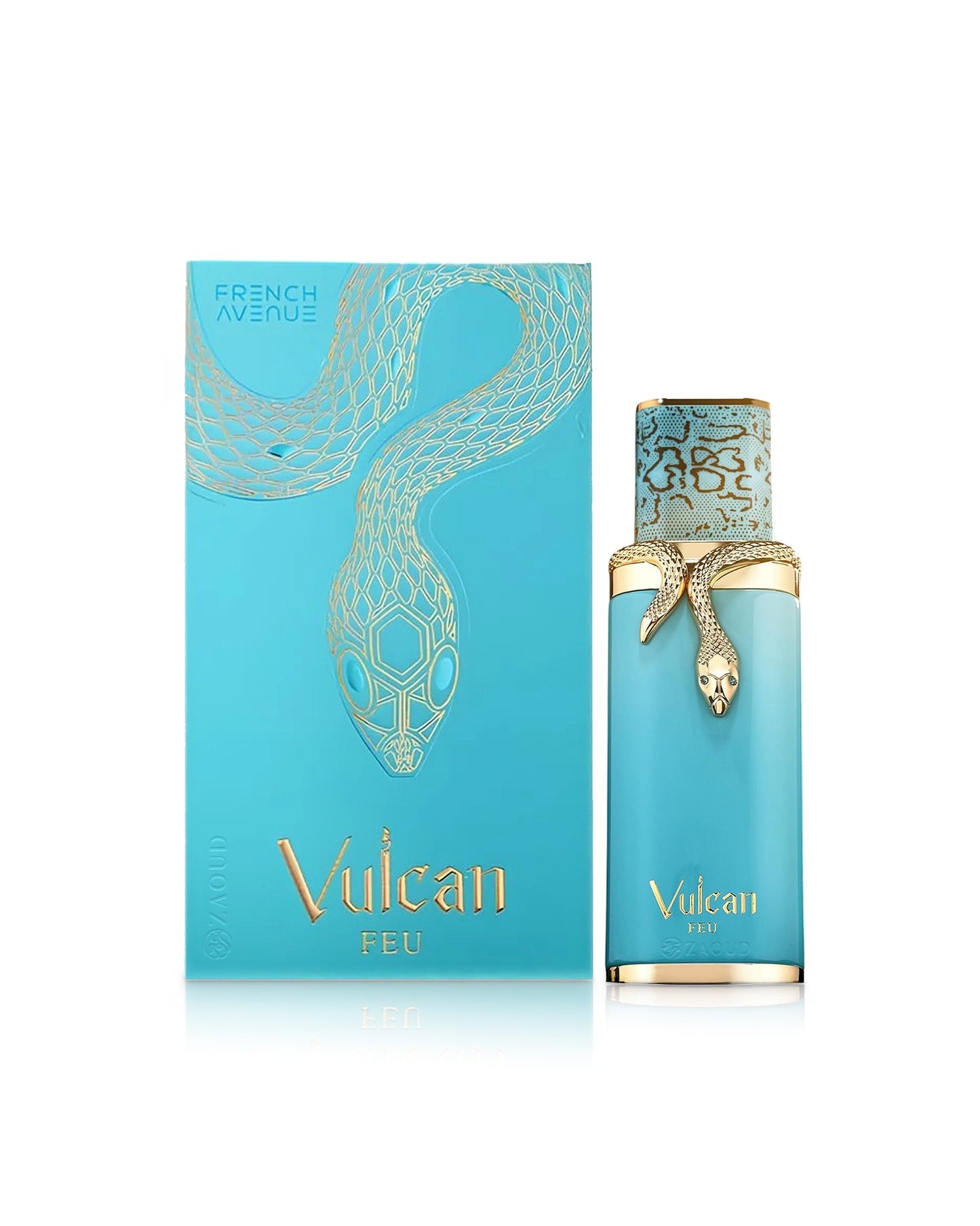 french avenue vulcan feu perfume bottle shows beside its box against white background