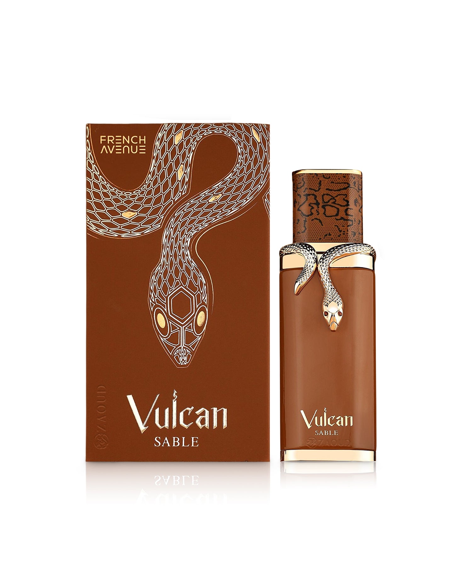 french avenue vulcan sable perfume bottle shows beside its box against white background