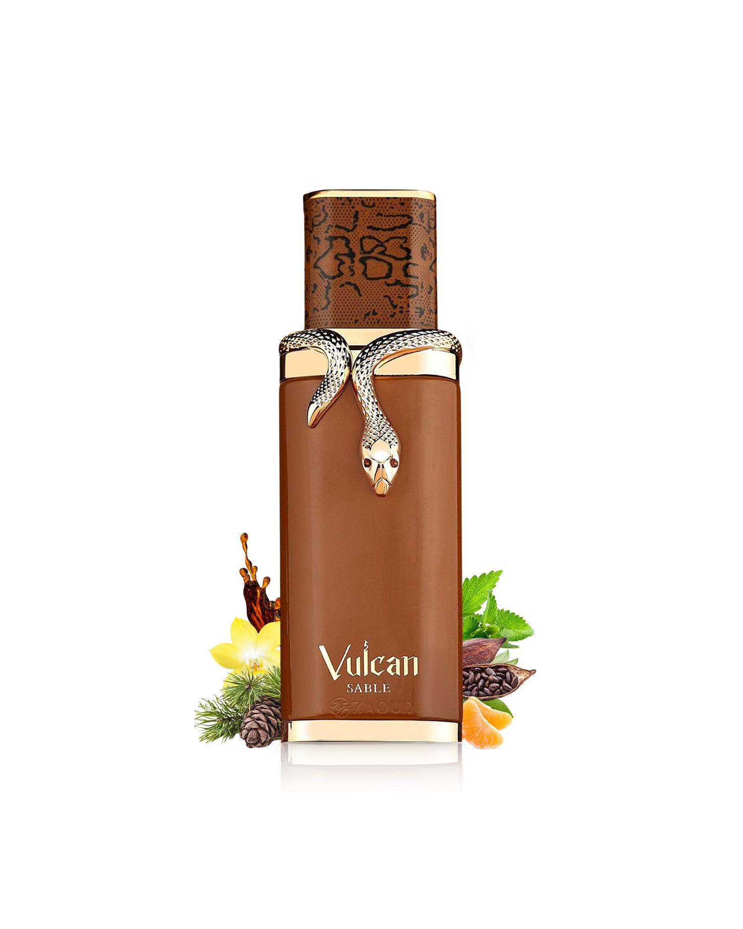 french avenue vulcan sable perfume bottle surrounded with fragrance notes like cacao and vanilla shows against white background