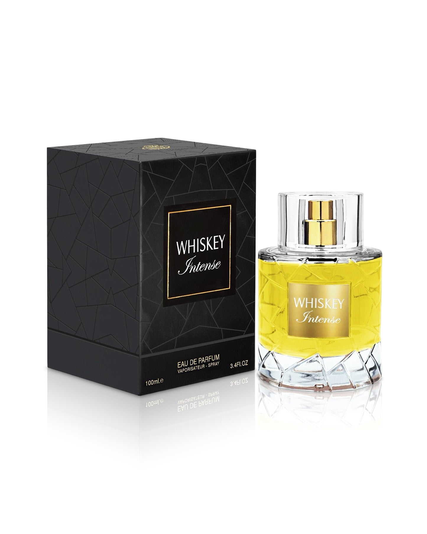 fragrance world whiskey intense perfume bottle shows beside its box against white background