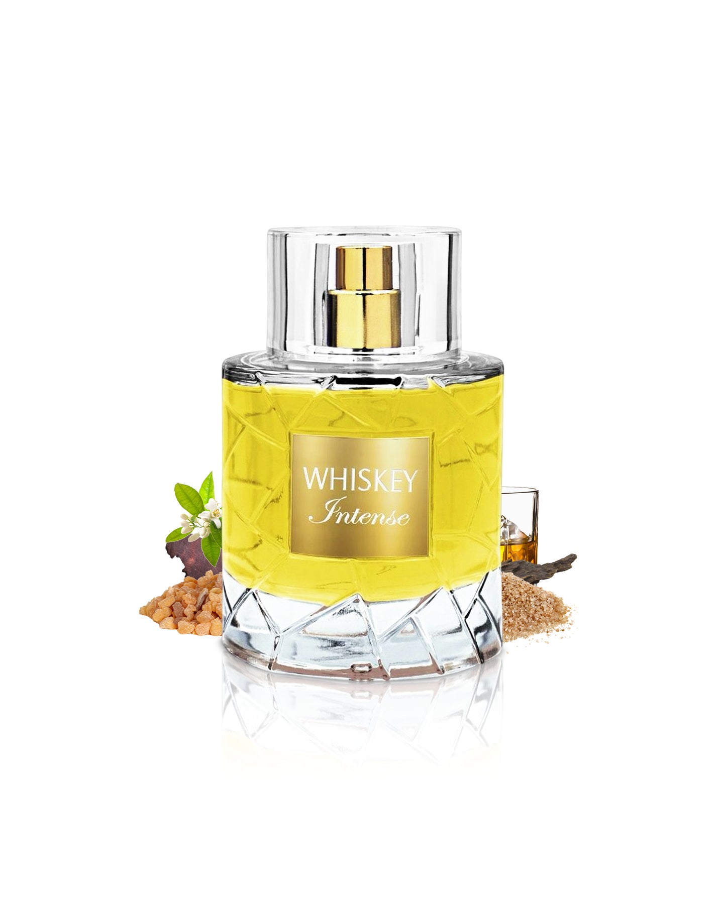 fragrance world whiskey intense perfume bottle surrounded with fragrance notes like jasmine and amber shows against white background