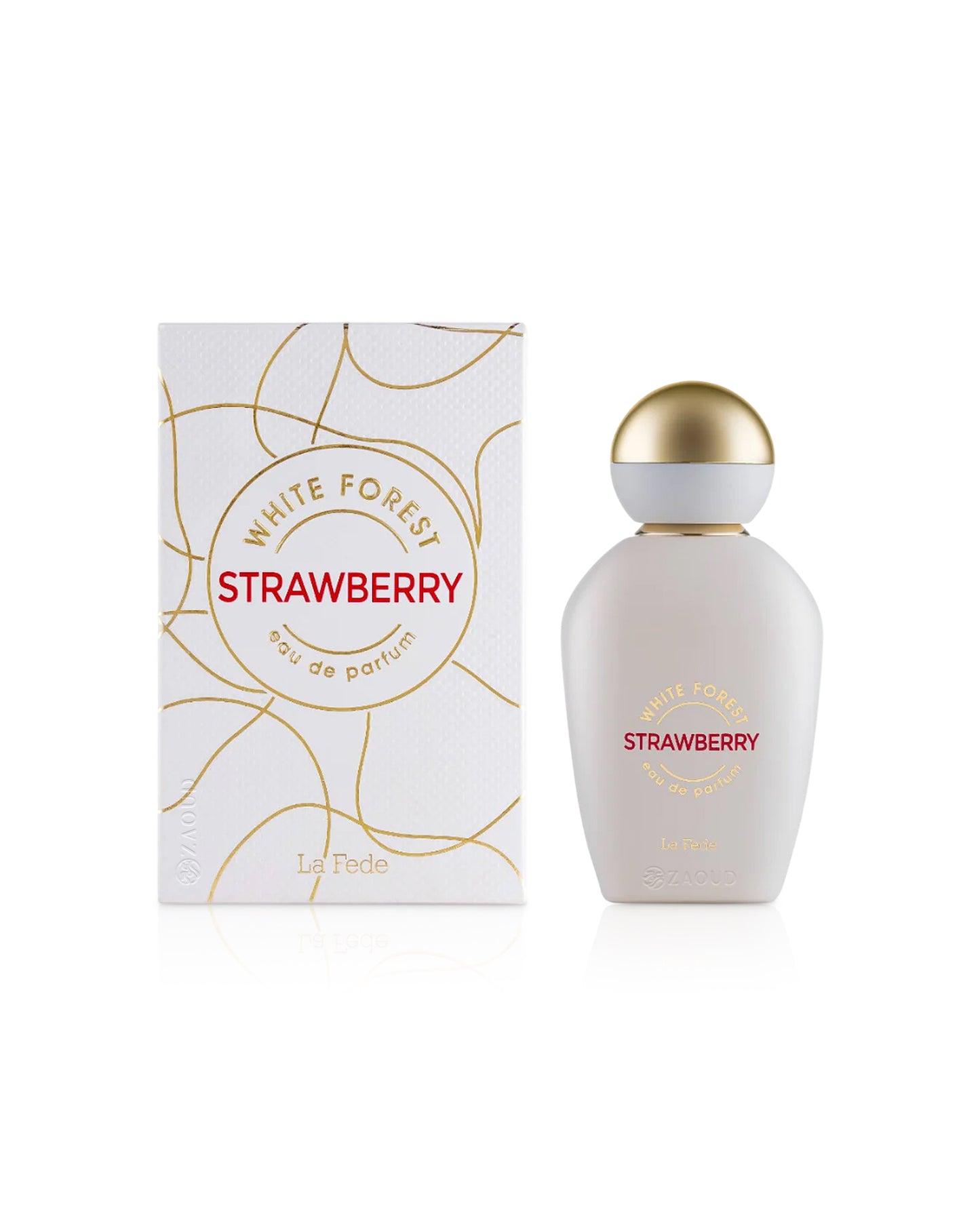 khadlaj white forest Strawberry perfume bottle shows beside its box against white background