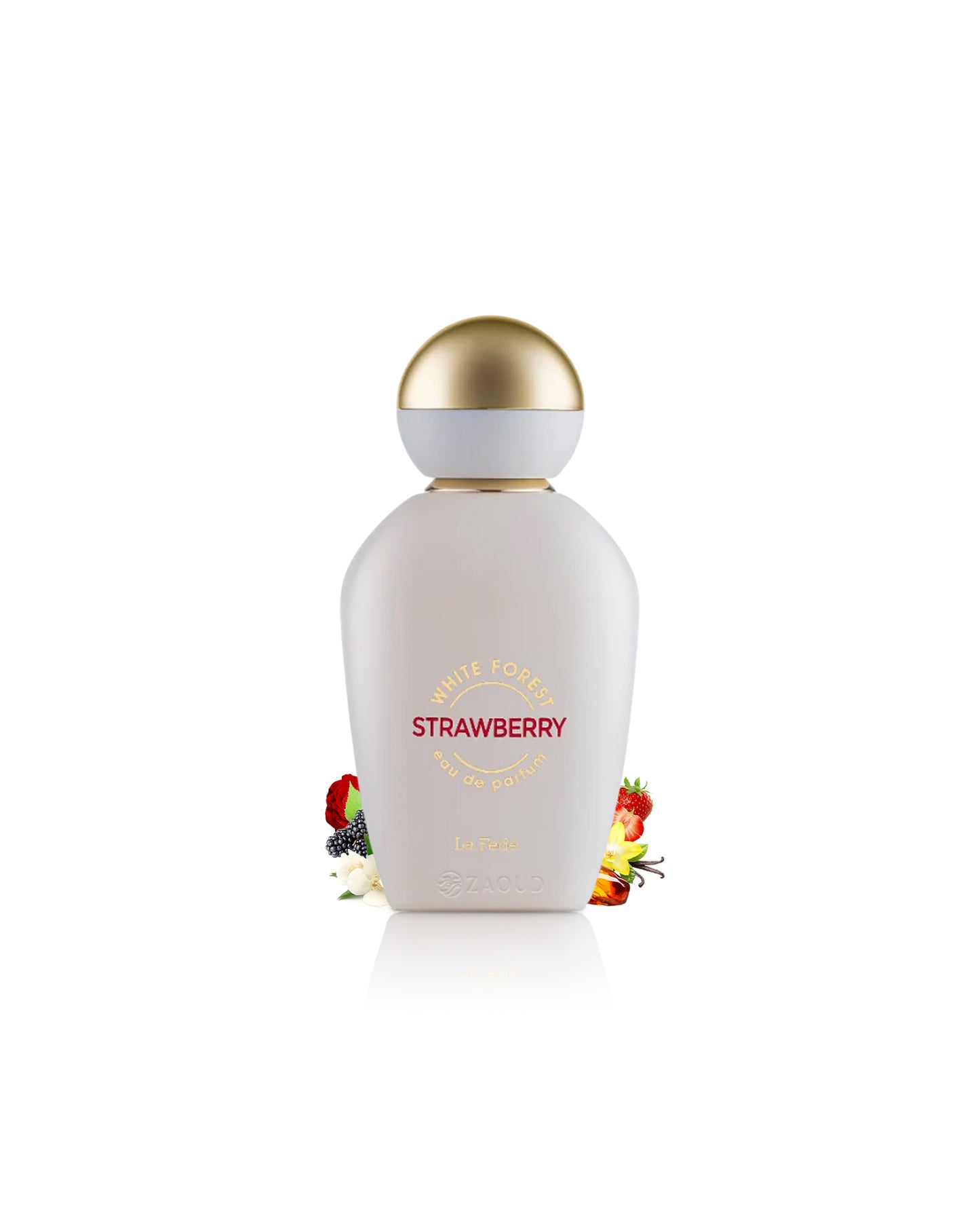 khadlaj white forest Strawberry perfume bottle surrounded with fragrance notes like jasmine and amber shows against white background