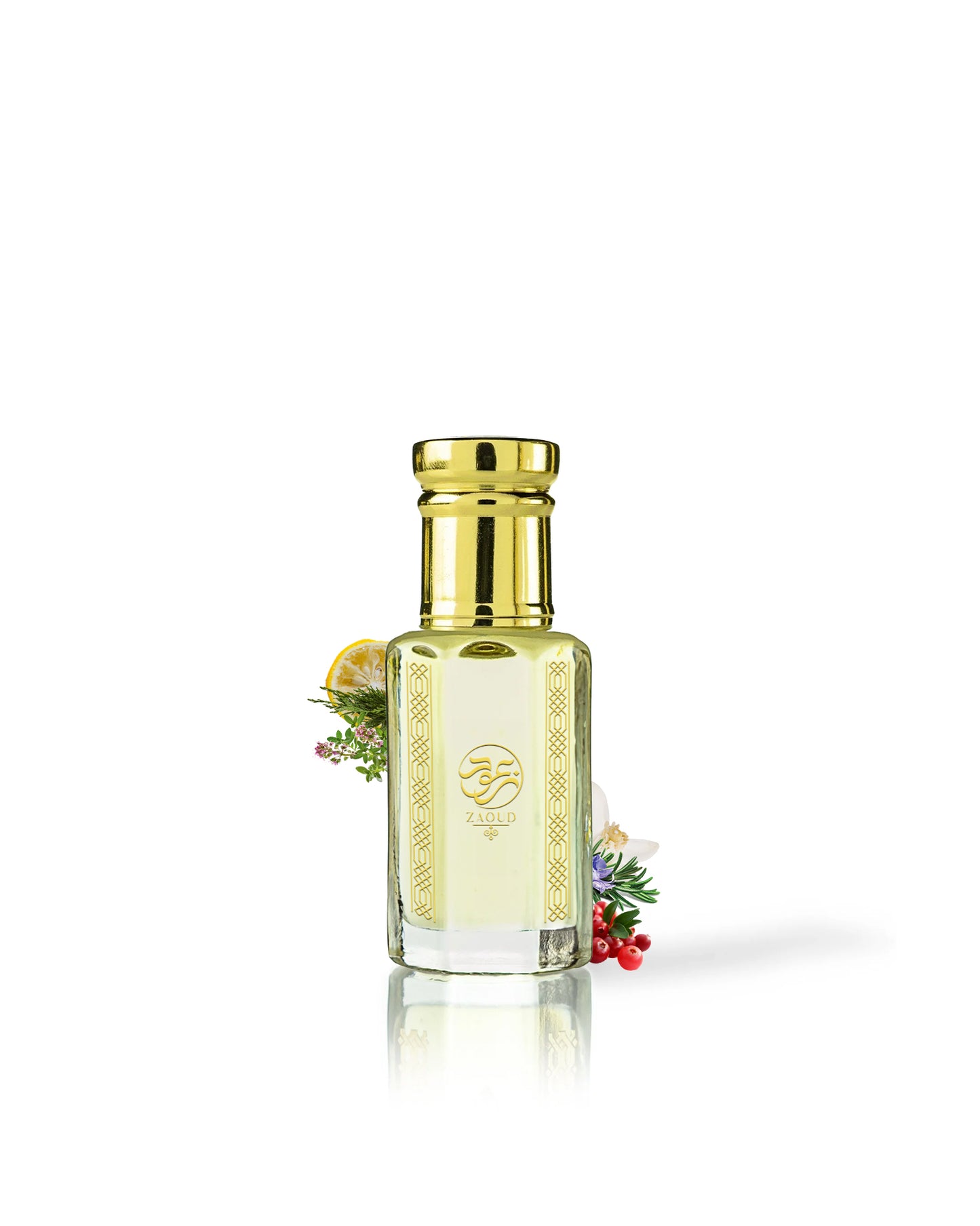 yuzu zest perfume oil bottle surrounded with fragrance notes like bergamot and rosemary shows fro m behind the bottle against white background