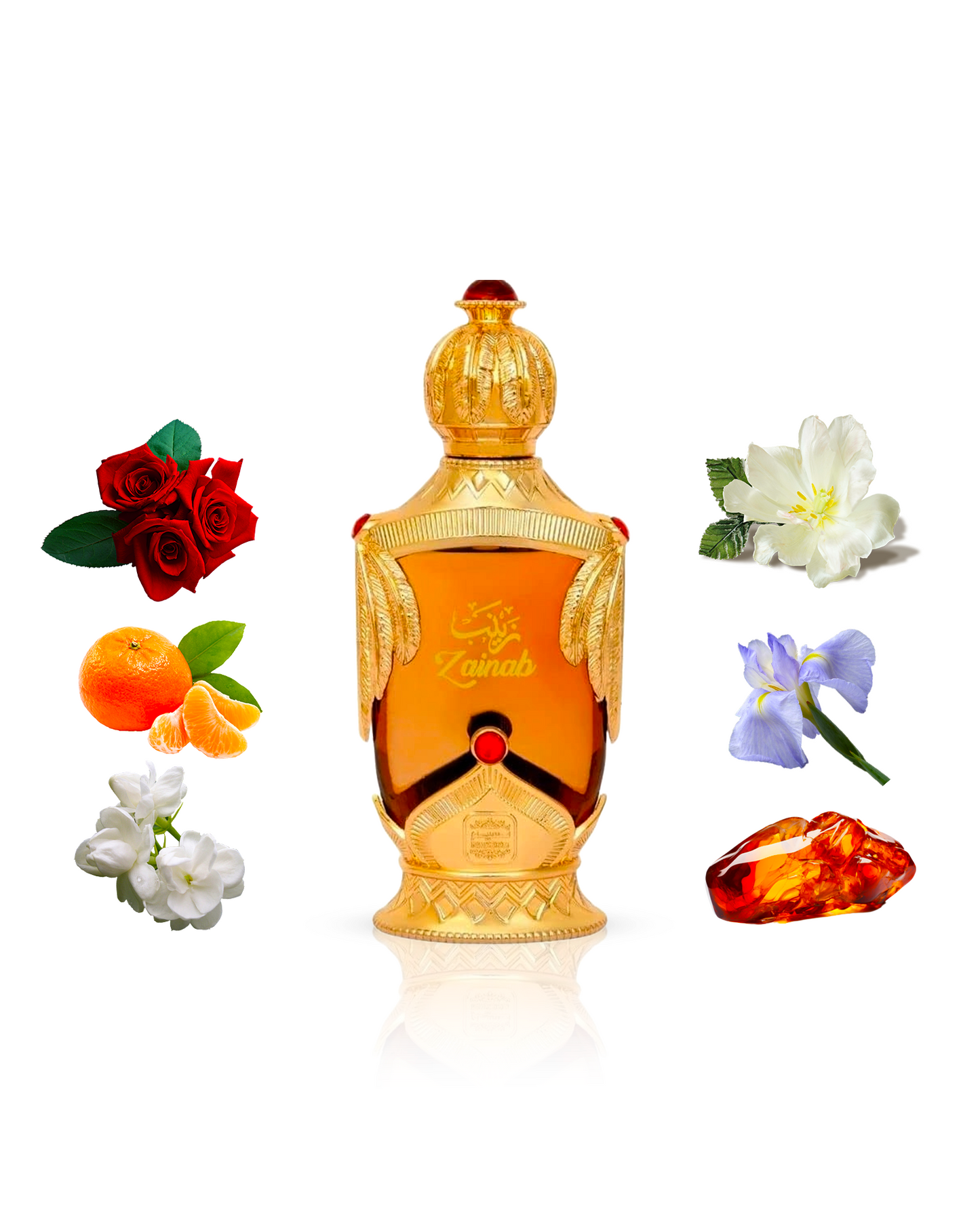 zainab perfume oil golden bottle surrounded with ingredients like orange and amber with many others shows against white background