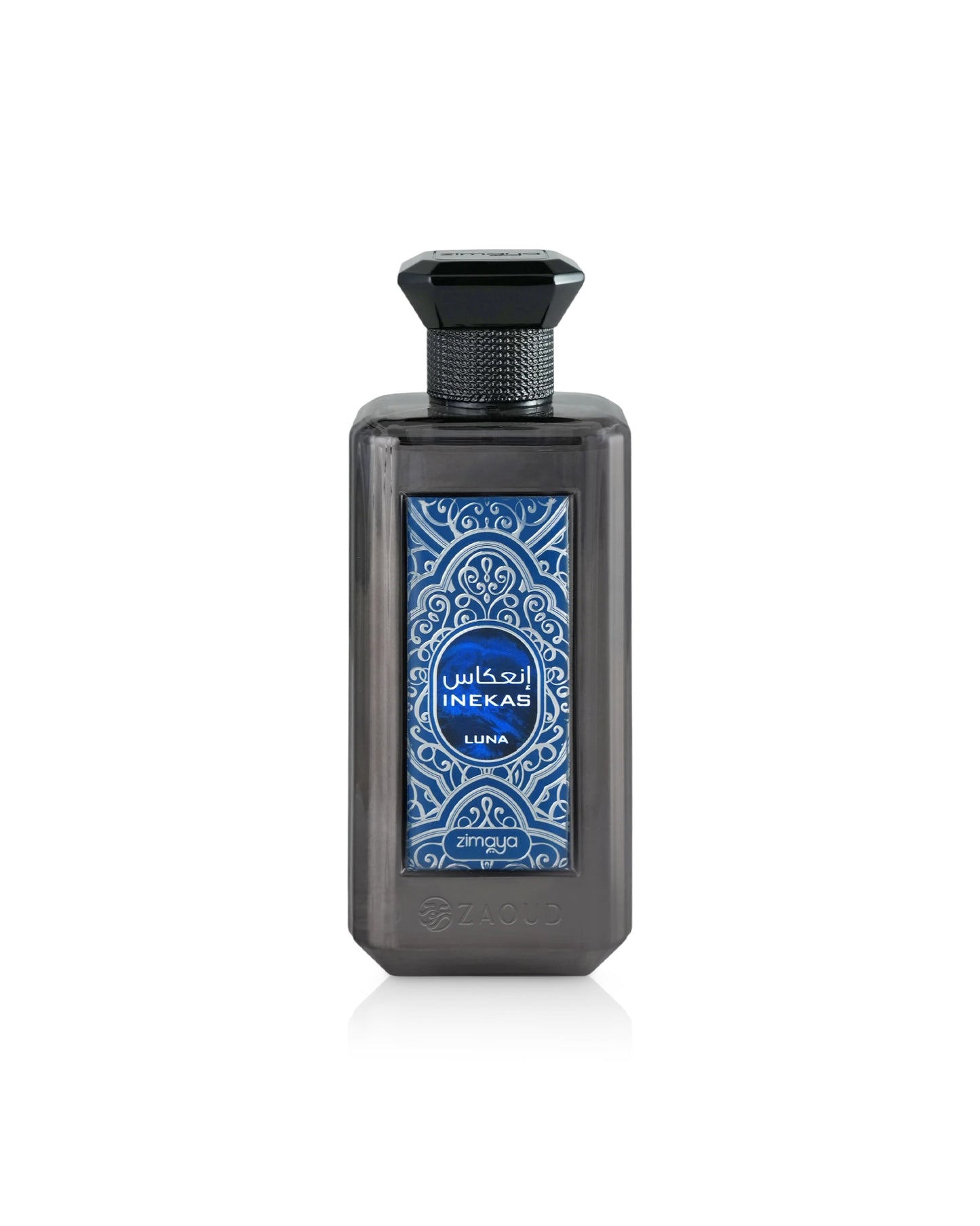 zimaya inekas luna Perfume bottle with blue decorative label on a white background