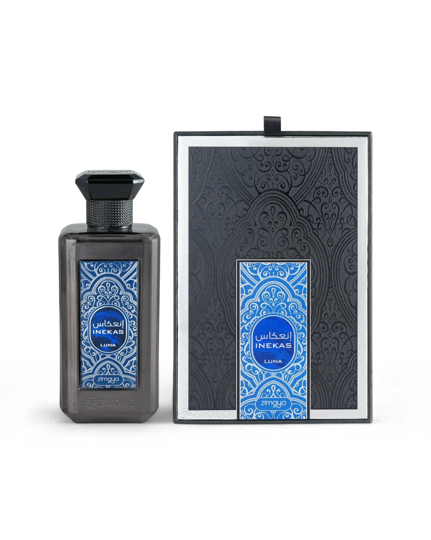 zimaya inekas luna Perfume bottle and packaging with intricate design on a white background