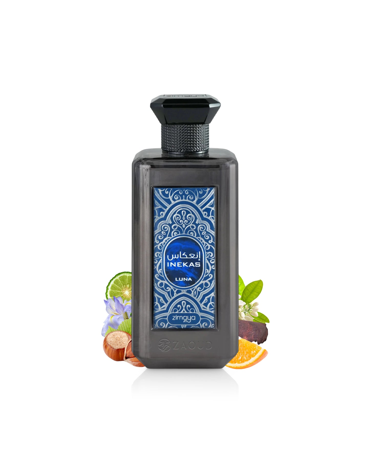 zimaya inekas luna Perfume bottle with decorative elements like chestnut and orange on a white background