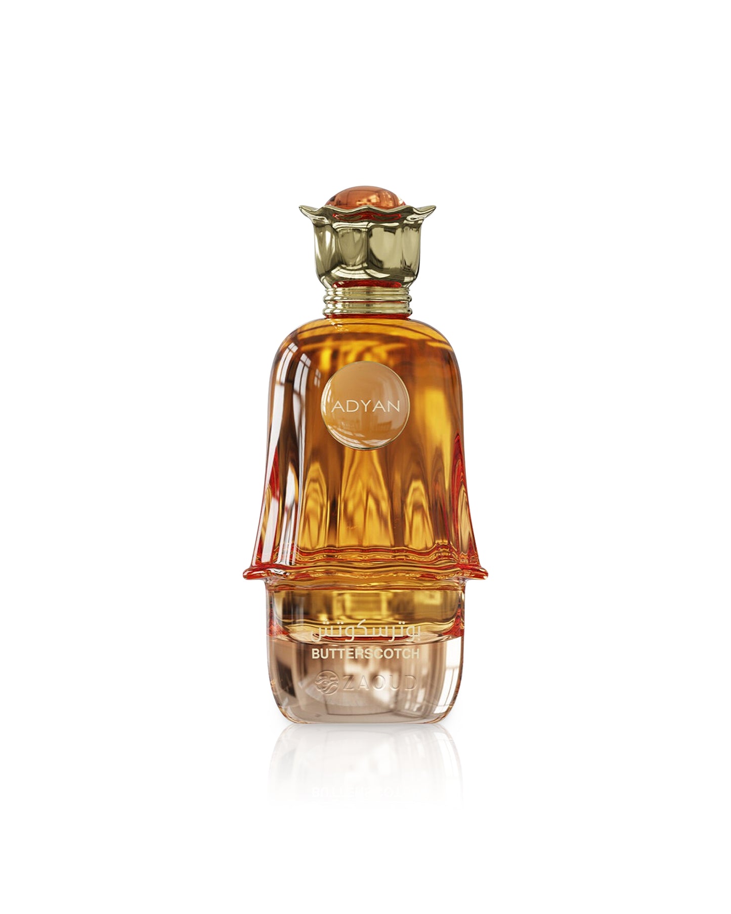 adyan butterscotch Perfume bottle with gold cap on a white background