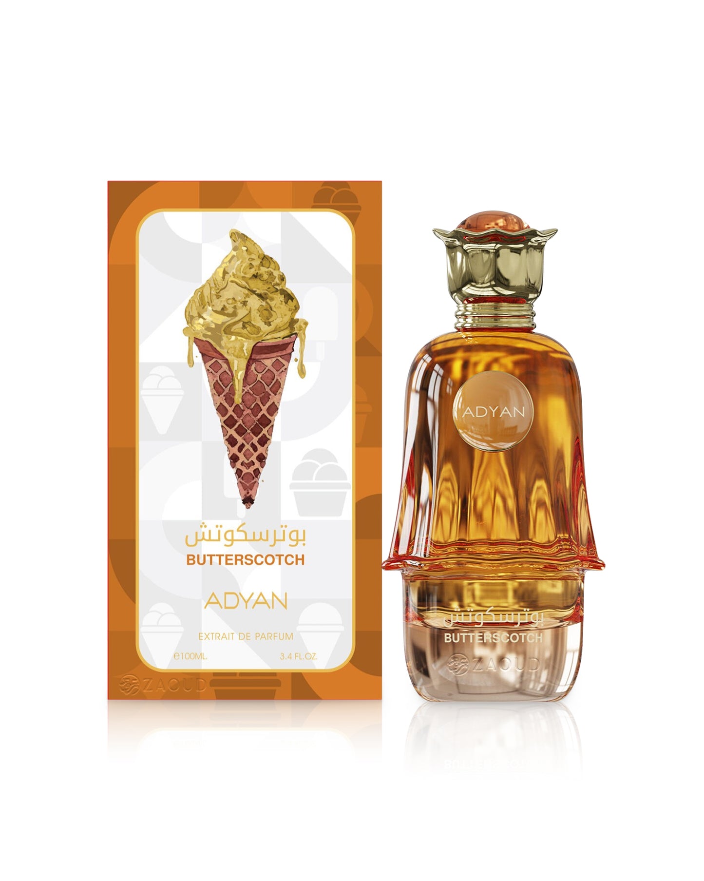 adyan butterscotch Perfume bottle and packaging with 'Butterscotch' flavor on a white background