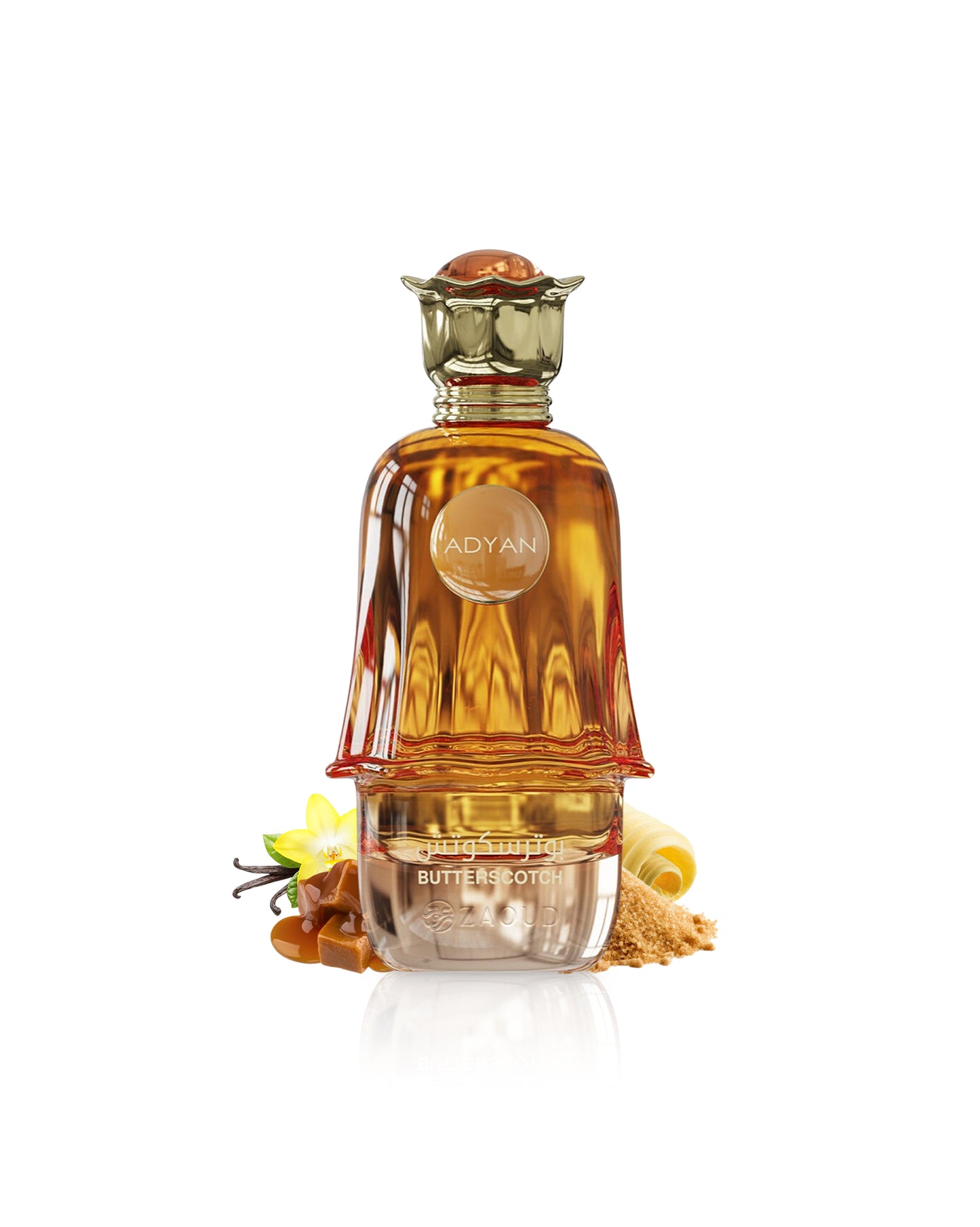 adyan butterscotch Perfume bottle with gold cap and decorative elements like caramel on a white background