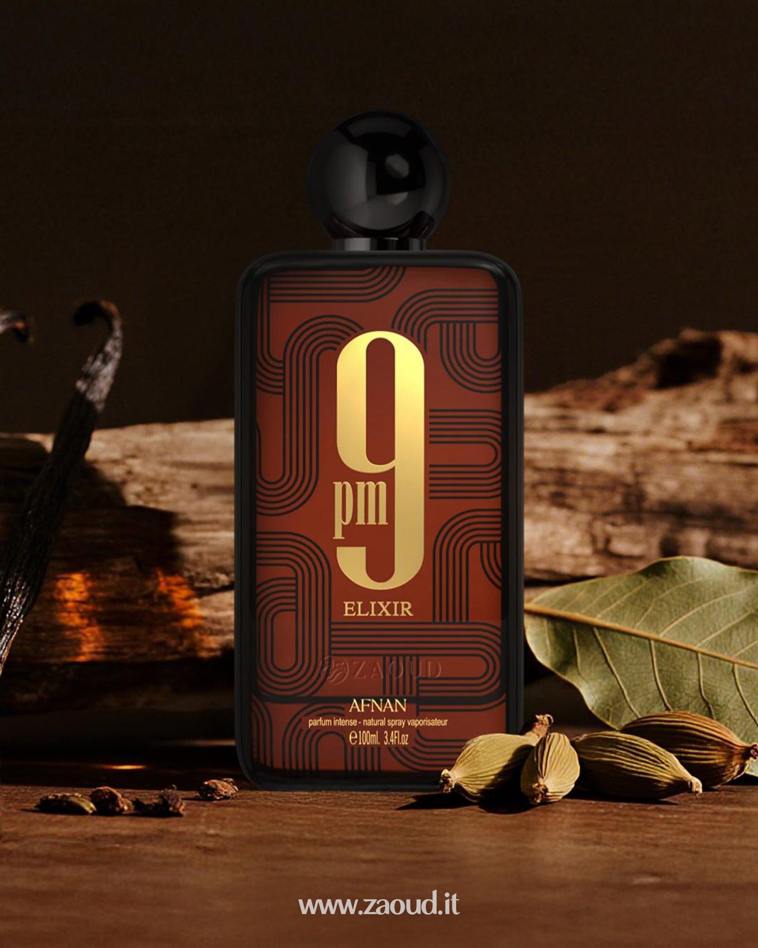 A dark, elegant perfume bottle labeled ‘9PM Elixir’ by Afnan, featuring a bold golden numeral ‘9’ on a patterned deep brown background. The bottle sits on a rustic wooden surface, surrounded by vanilla beans, cardamom pods, and dried spices, with a warm, moody backdrop that evokes sophistication and evening allure.