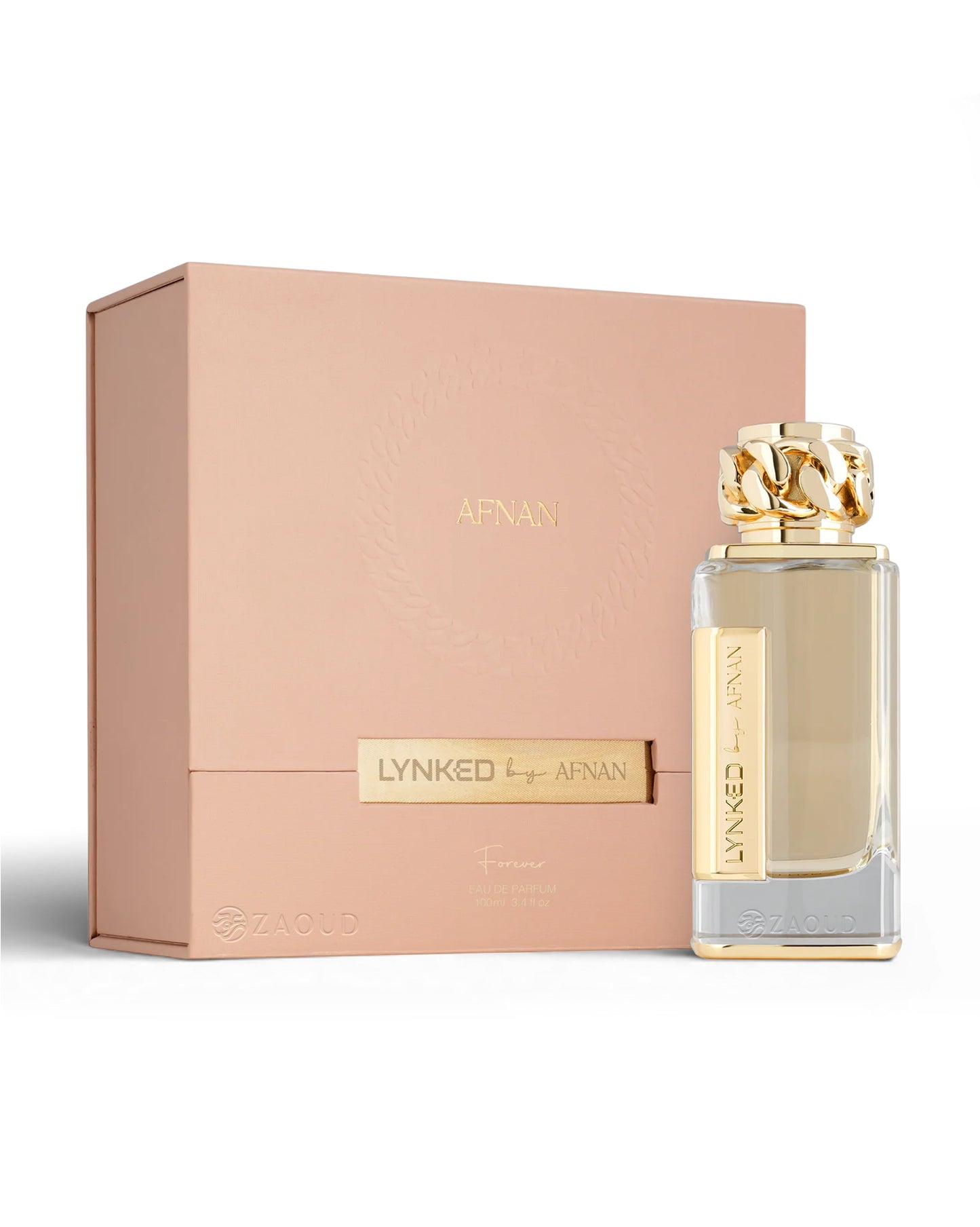 afnan lynked forever perfume bottle shows beside its packaging against white background