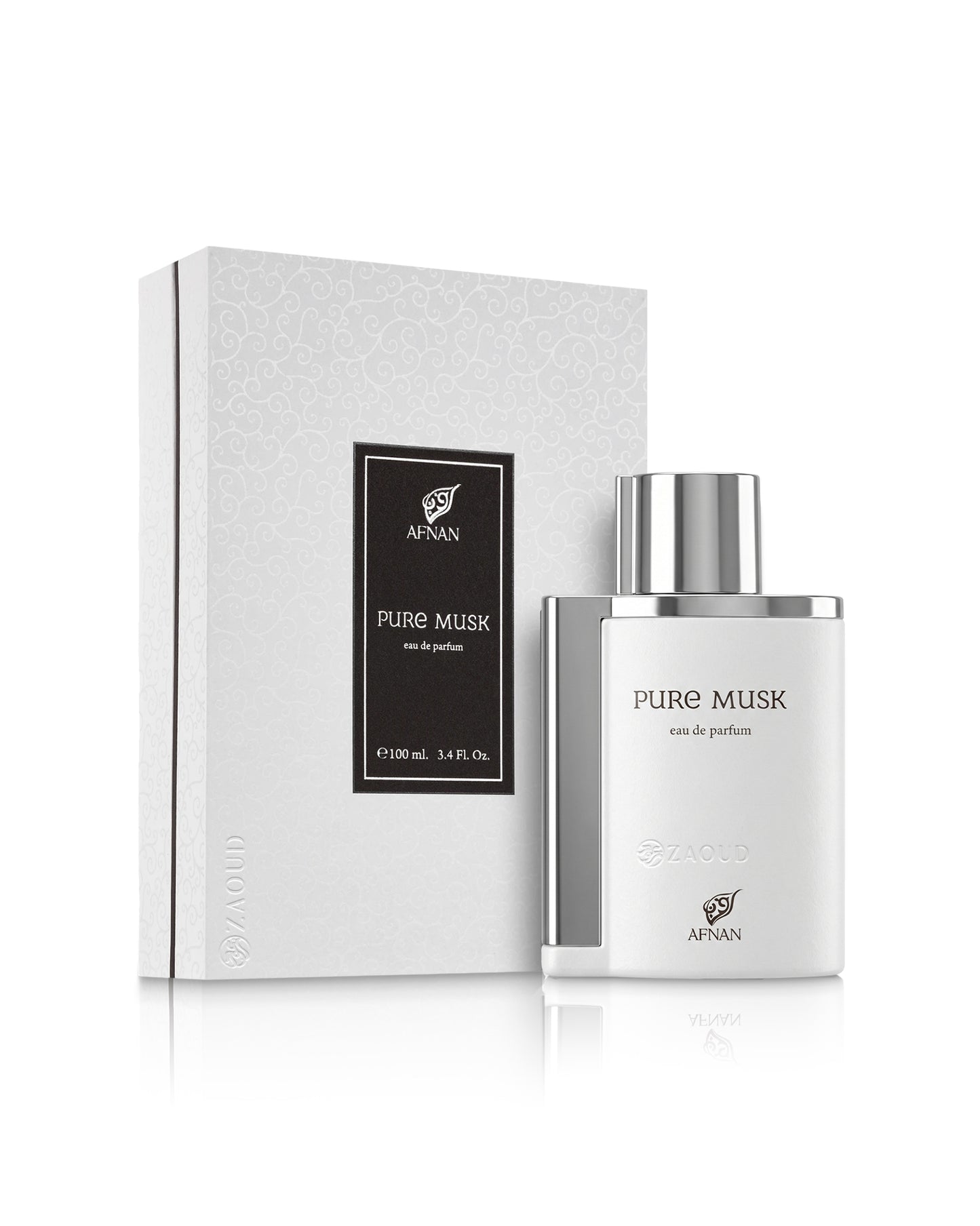 afnan pure musk perfume bottle shows beside its packaging against white background