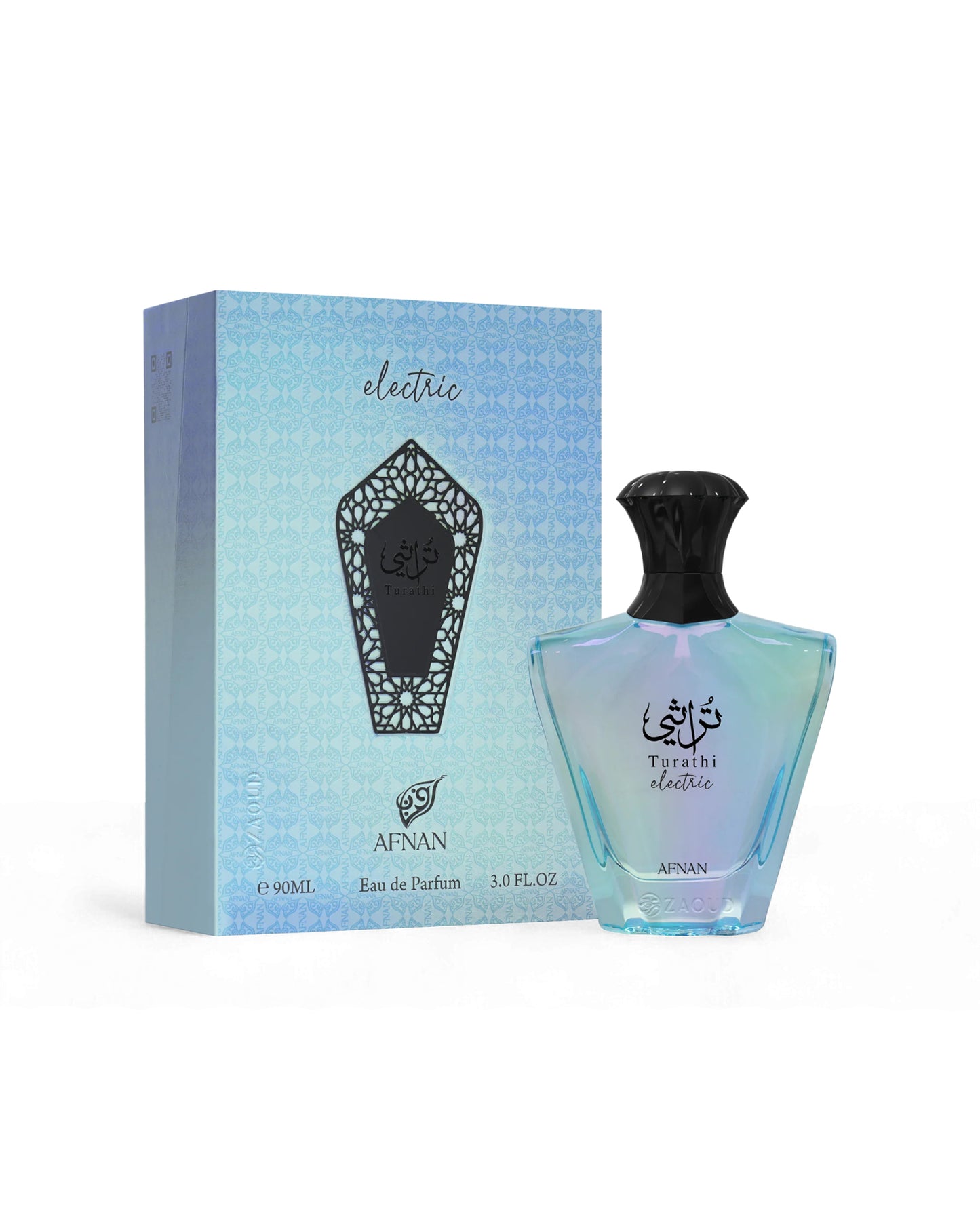 Afnan Afnan turathi electric perfume bottle and packaging on a white background