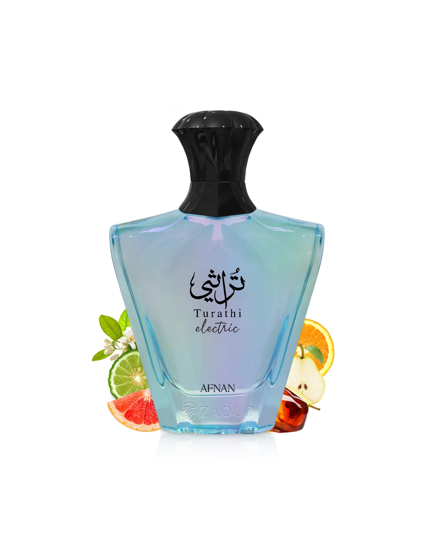 Perfume bottle labeled 'Turathi electric' by AFNAN with fruit slices in the background on a white background