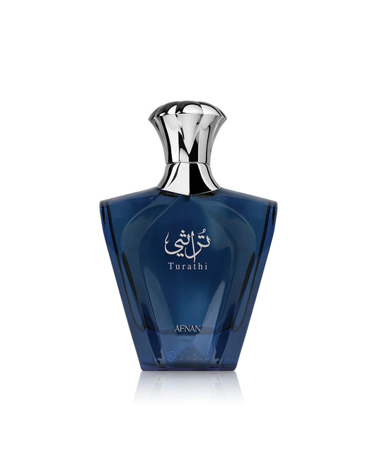 afnan turathi blue perfume bottle shows against white background