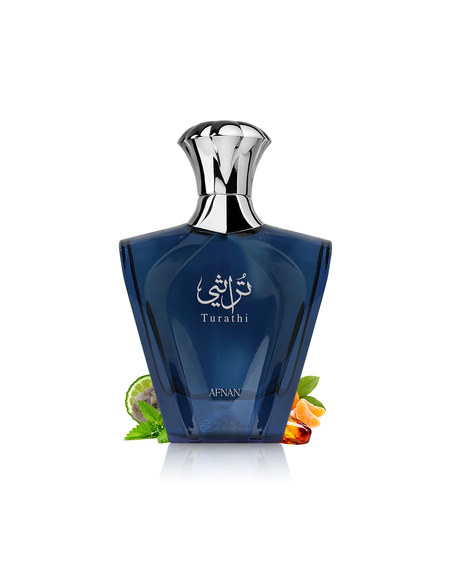 afnan turathi blue perfume bottle surrounded with fragrance notes like orange and amber shows from behind the bottle against white background