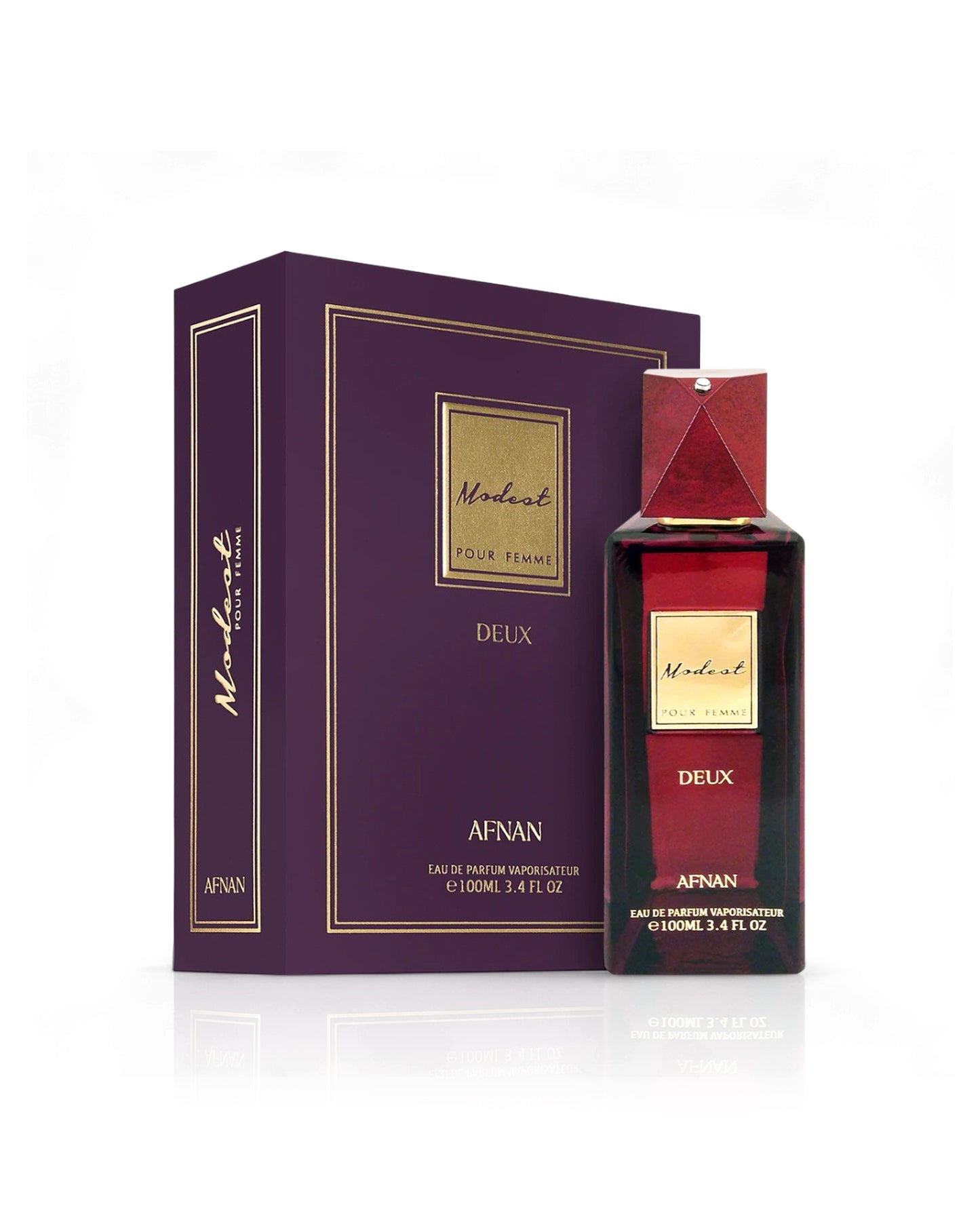 afnan modest deux perfume bottle shows beside its box against white background