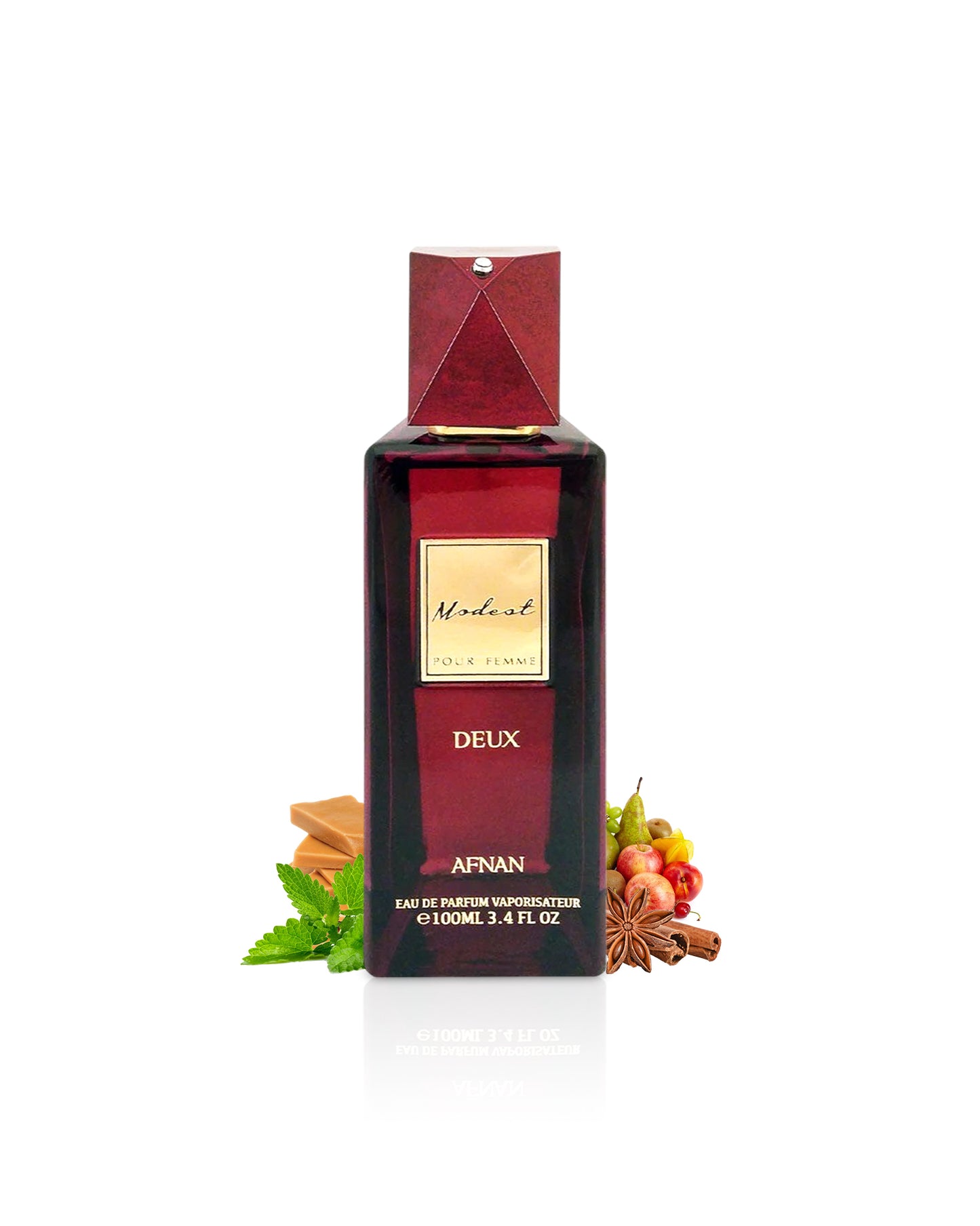 afnan modest deux perfume bottle surrounded with fragrance notes like spices and patchouli shows against white background